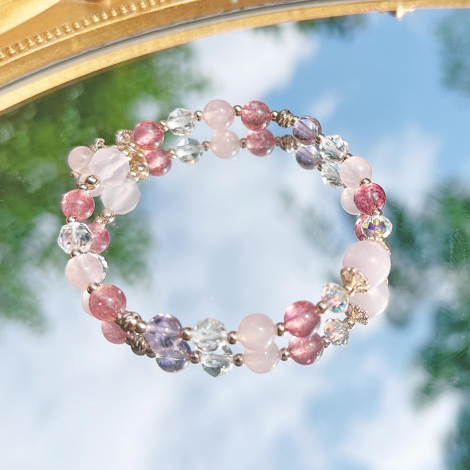 Kunzite Purple Chalcedony Strawberry Quartz Rose Quartz Amethyst White Crystal 14K Gold Filled Bracelet