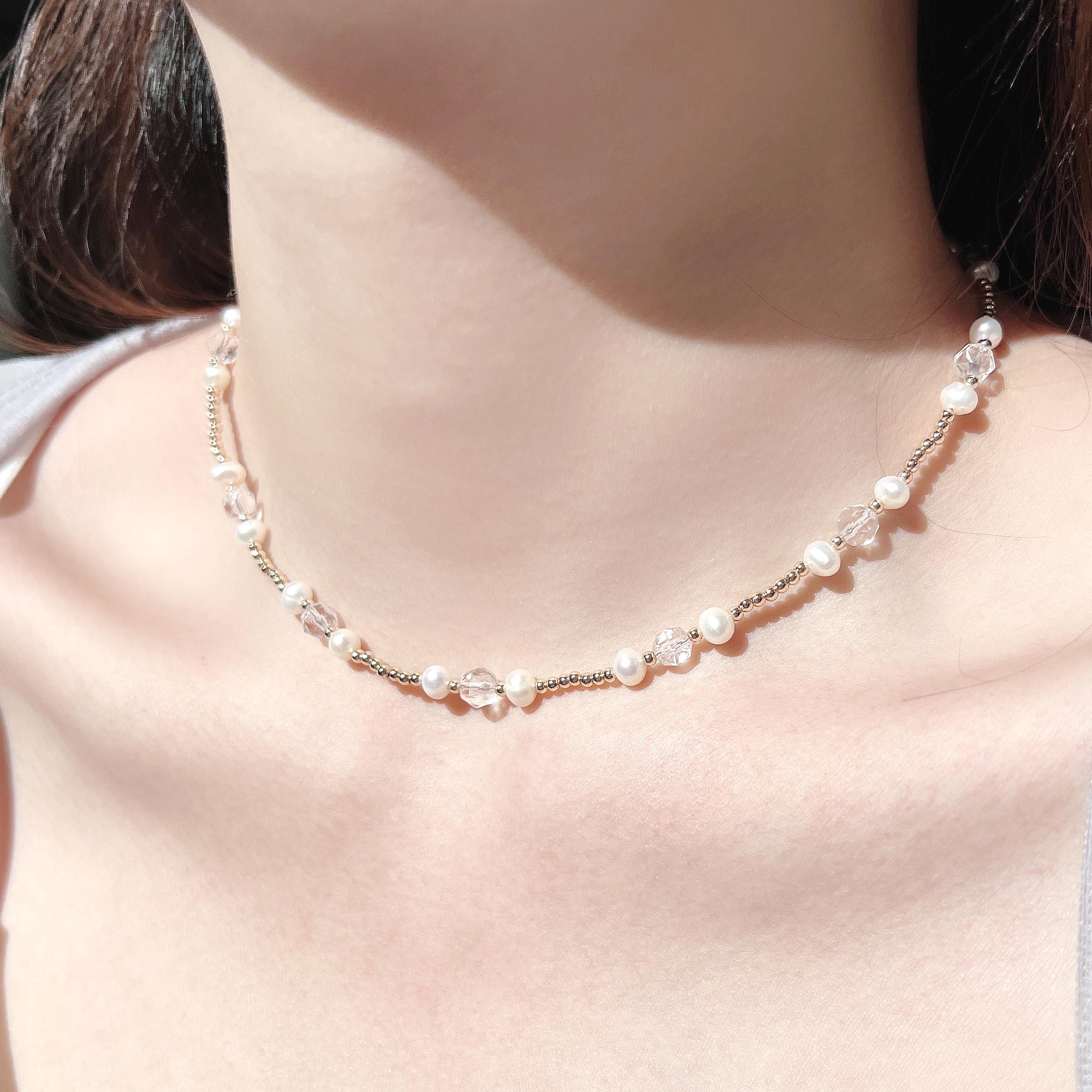 Drill-cut white crystal natural freshwater pearl 14K gold-filled necklace clavicle chain