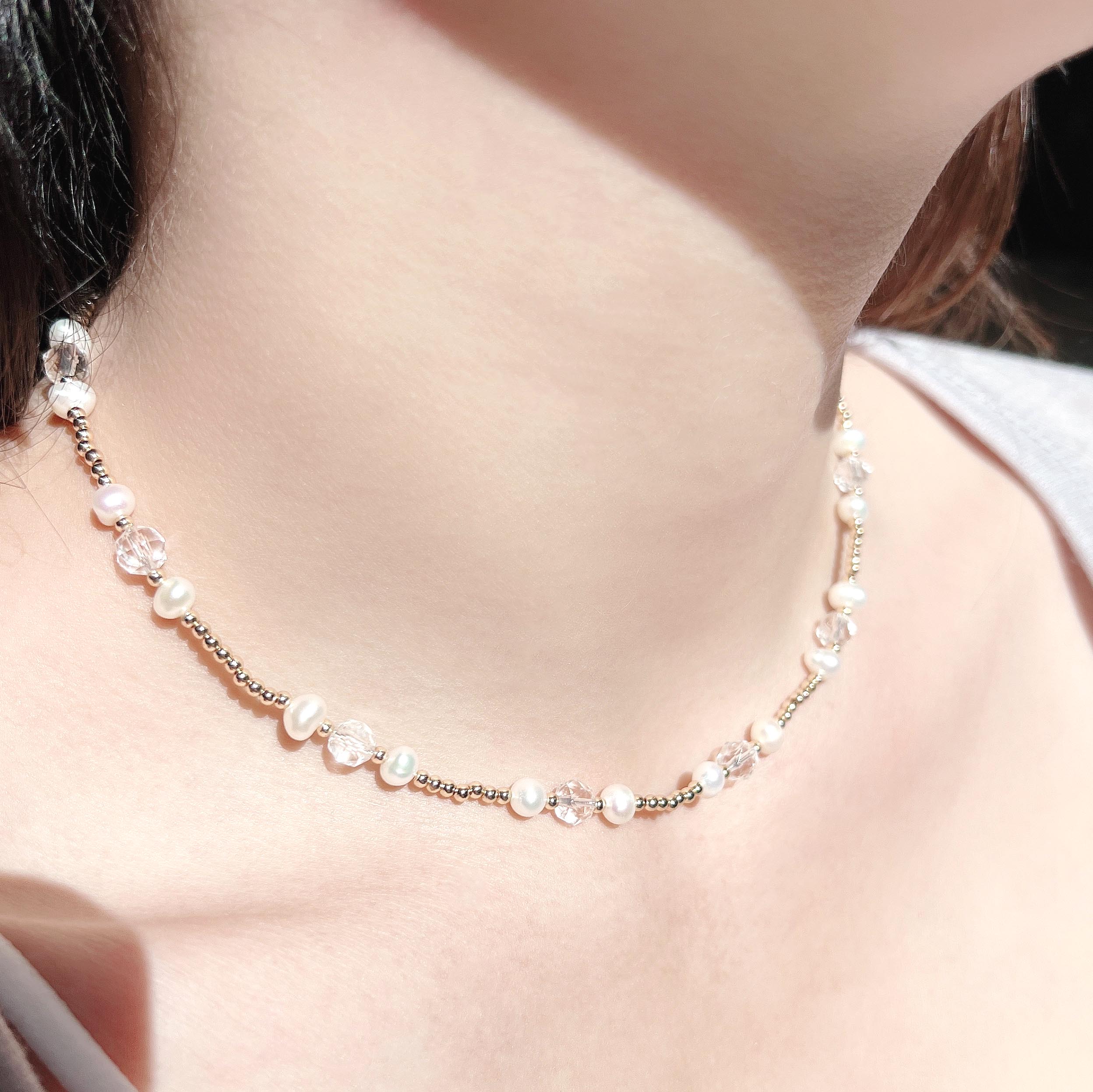 Drill-cut white crystal natural freshwater pearl 14K gold-filled necklace clavicle chain