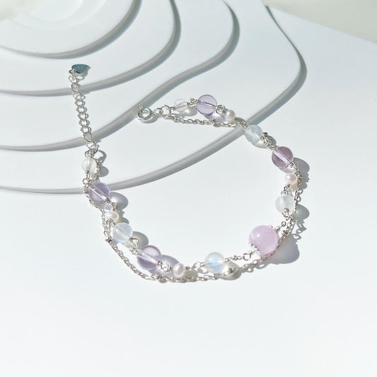 紫鋰輝紫水晶月光石淡水珍珠S925純銀雙層手鍊