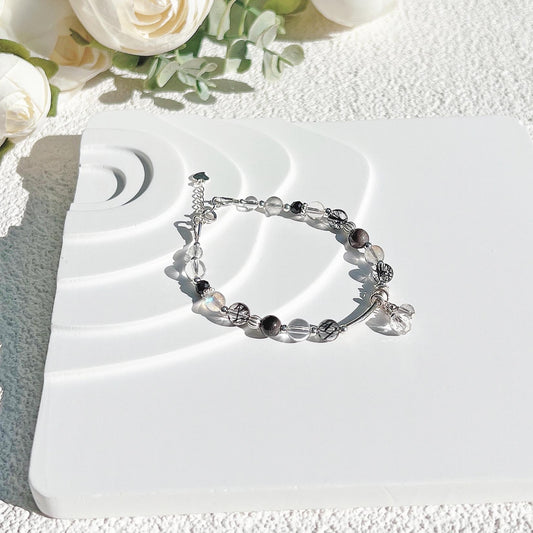Black hair crystal silver obsidian labradorite white crystal S925 sterling silver bracelet