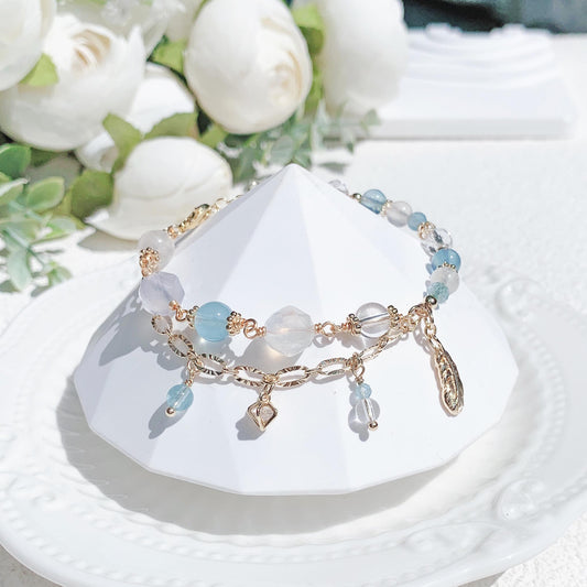 Aquamarine moonstone white crystal blue chalcedony 14k gold filled bracelet