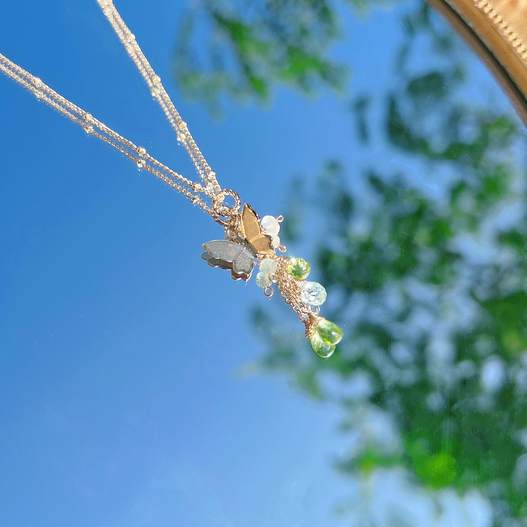 Peridot, aquamarine, phosphorescent moonstone, 14k gold-filled necklace