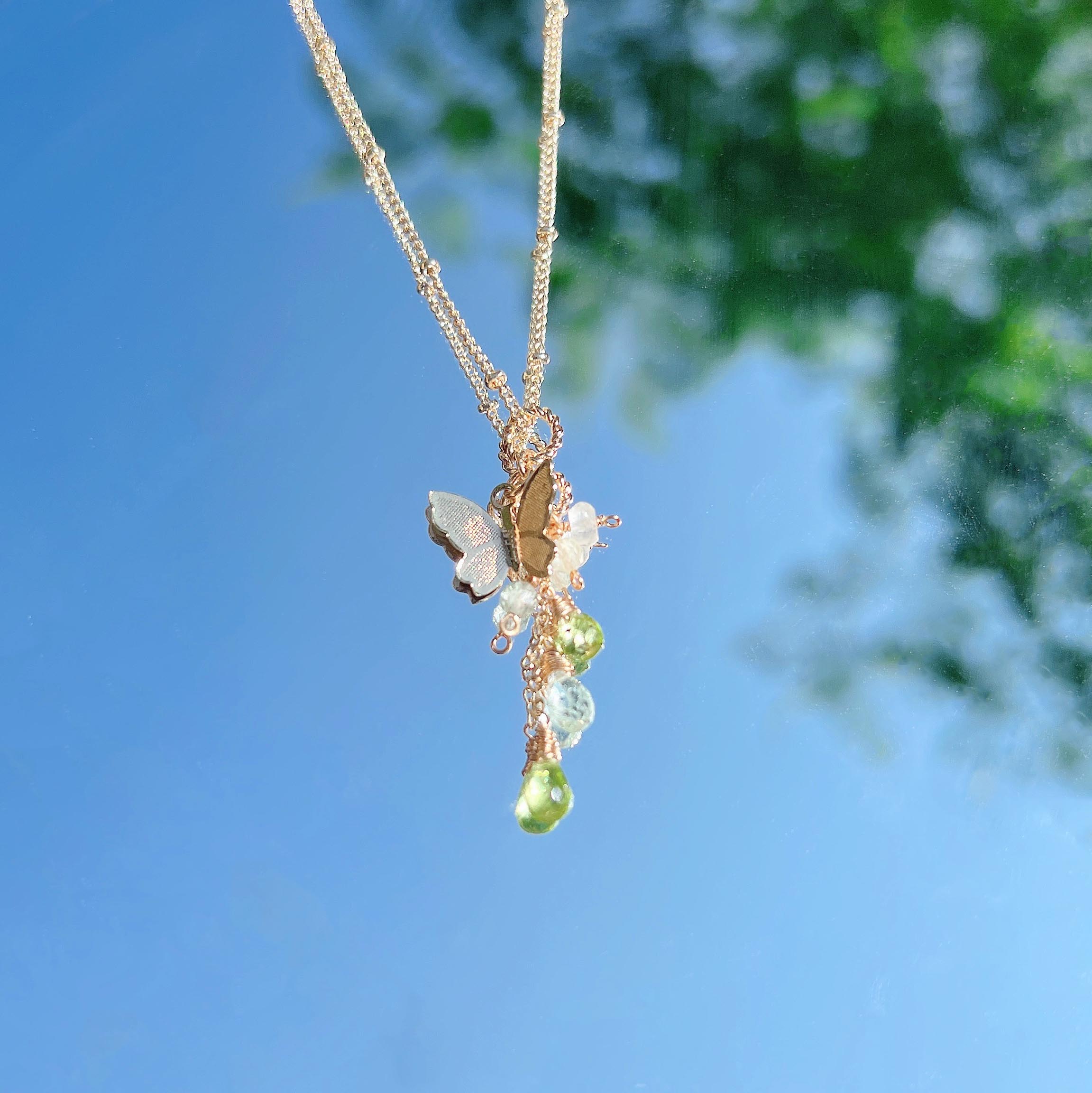 Peridot, aquamarine, phosphorescent moonstone, 14k gold-filled necklace