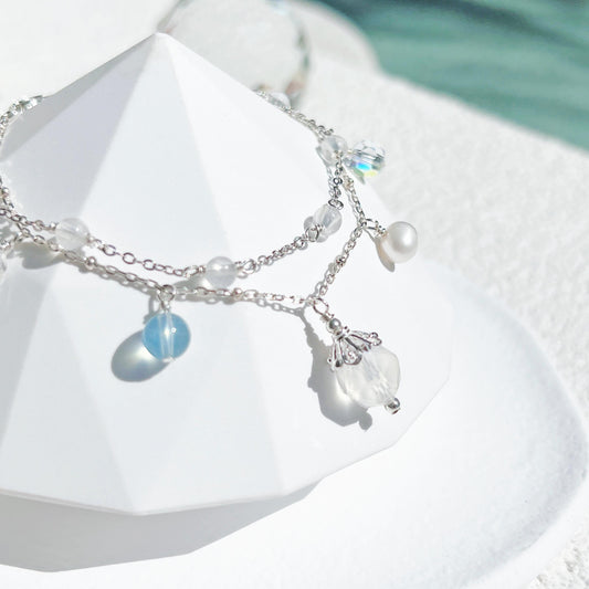 Moonstone Aquamarine White Crystal Freshwater Pearl S925 Sterling Silver Double Layer Bracelet