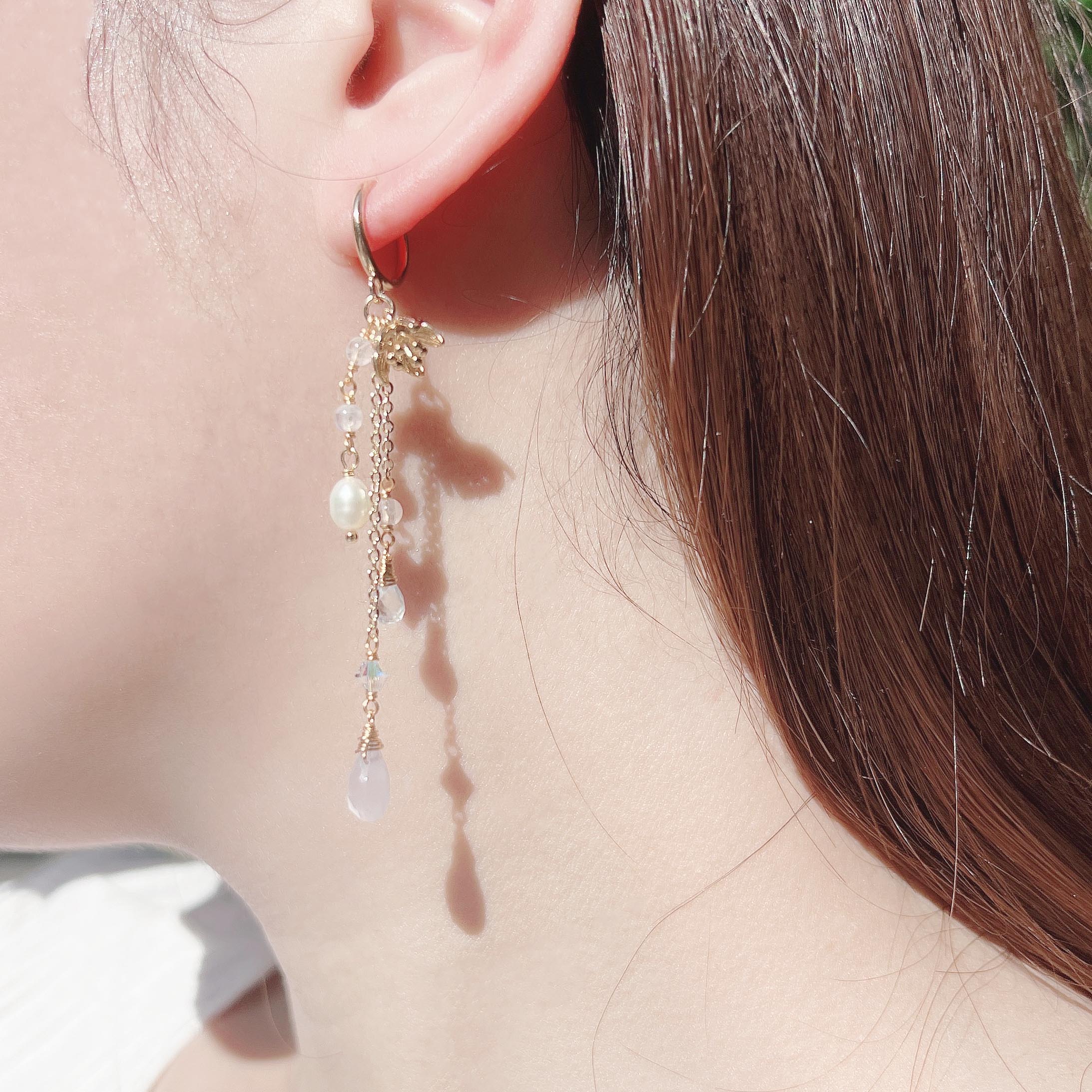 Blue Chalcedony Aquamarine Moonstone Freshwater Pearl 14K Gold Filled Earrings