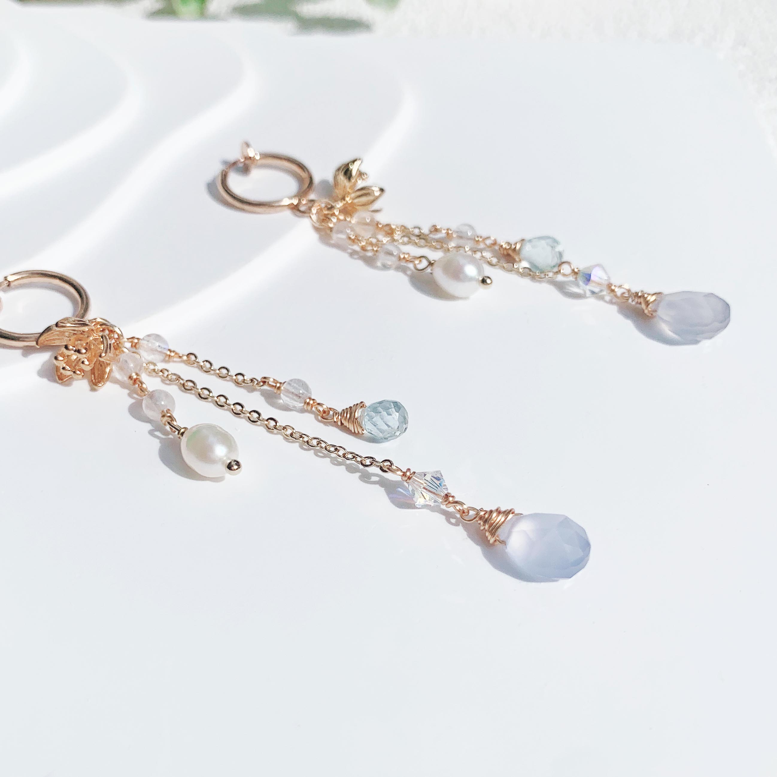Blue Chalcedony Aquamarine Moonstone Freshwater Pearl 14K Gold Filled Earrings