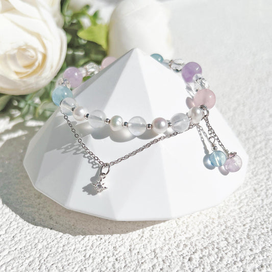 粉水晶海藍寶紫水晶月光石白水晶淡水珍珠S925純銀手鍊