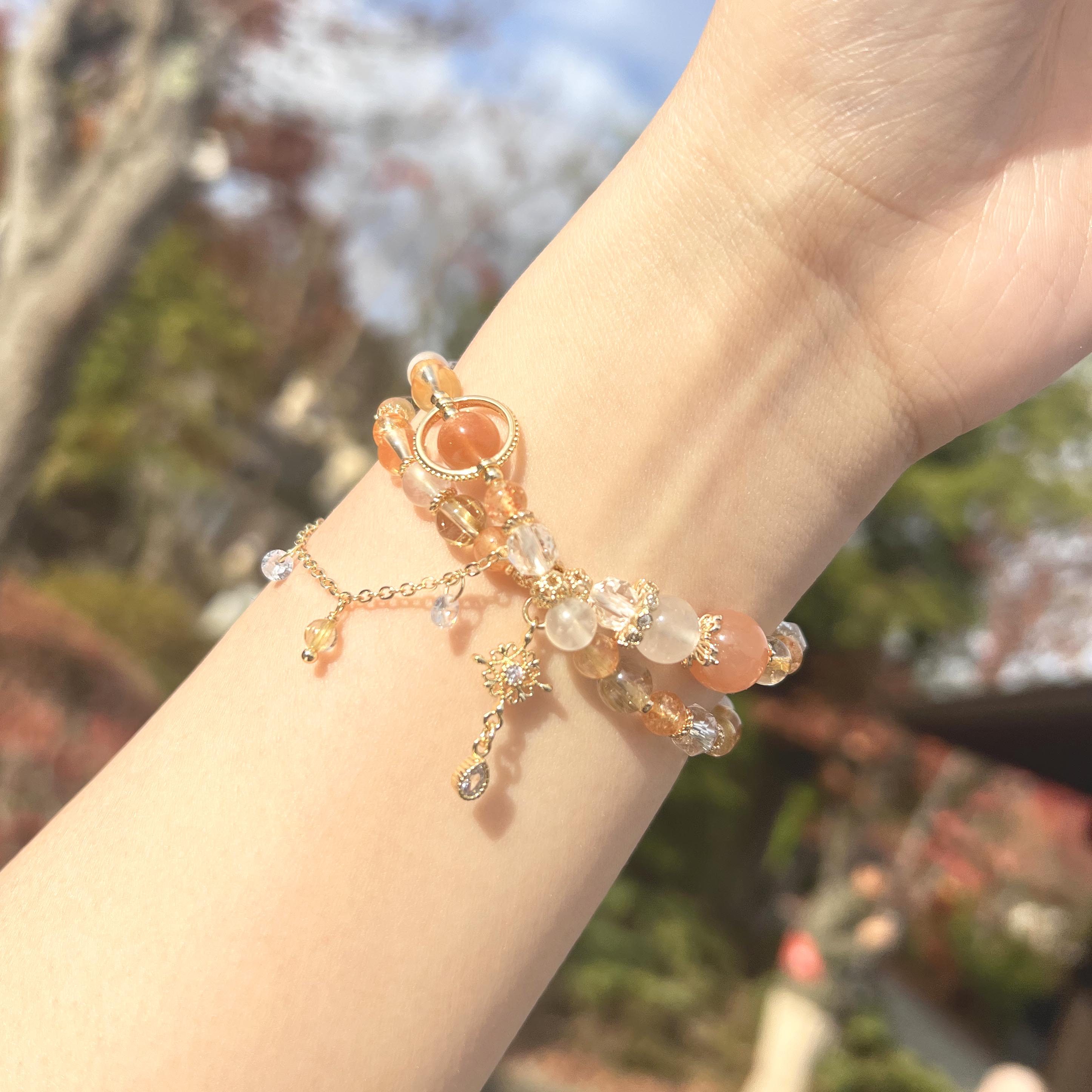 Gold Sunstone Orange Moonlight Blonde Citrine Diamond Cut White Crystal Moonstone 14K Gold Double Circle Bracelet