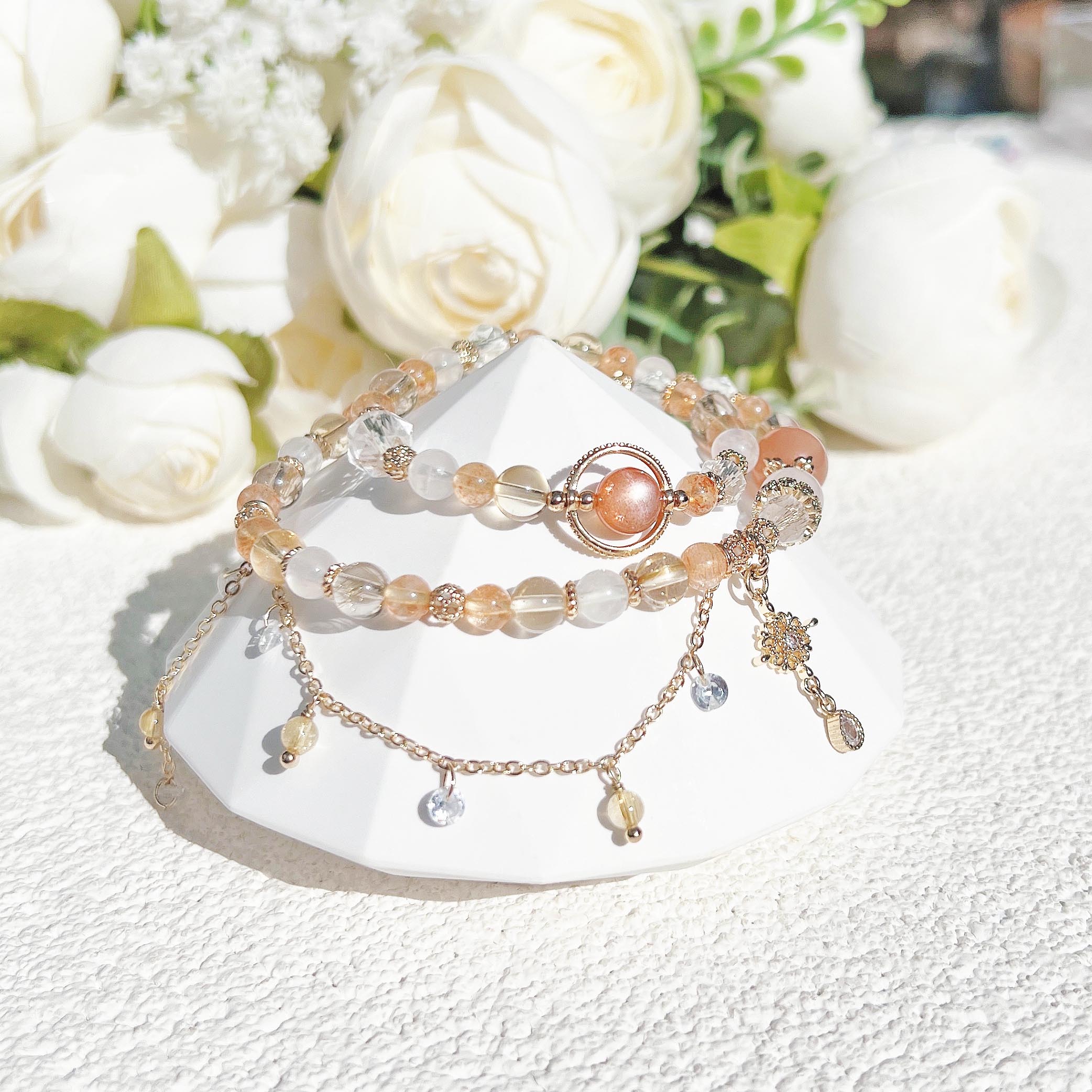 Gold Sunstone Orange Moonlight Blonde Citrine Diamond Cut White Crystal Moonstone 14K Gold Double Circle Bracelet