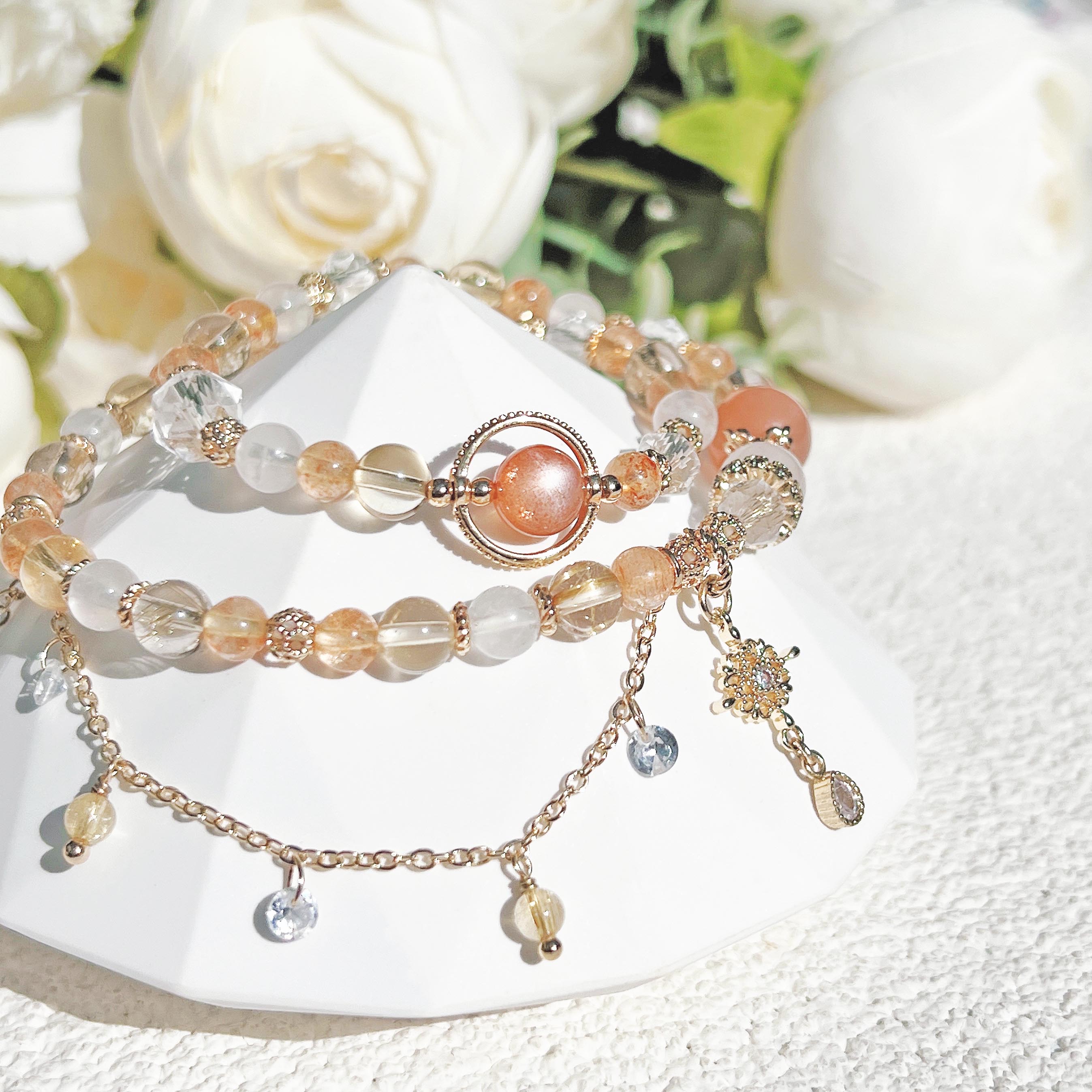 Gold Sunstone Orange Moonlight Blonde Citrine Diamond Cut White Crystal Moonstone 14K Gold Double Circle Bracelet