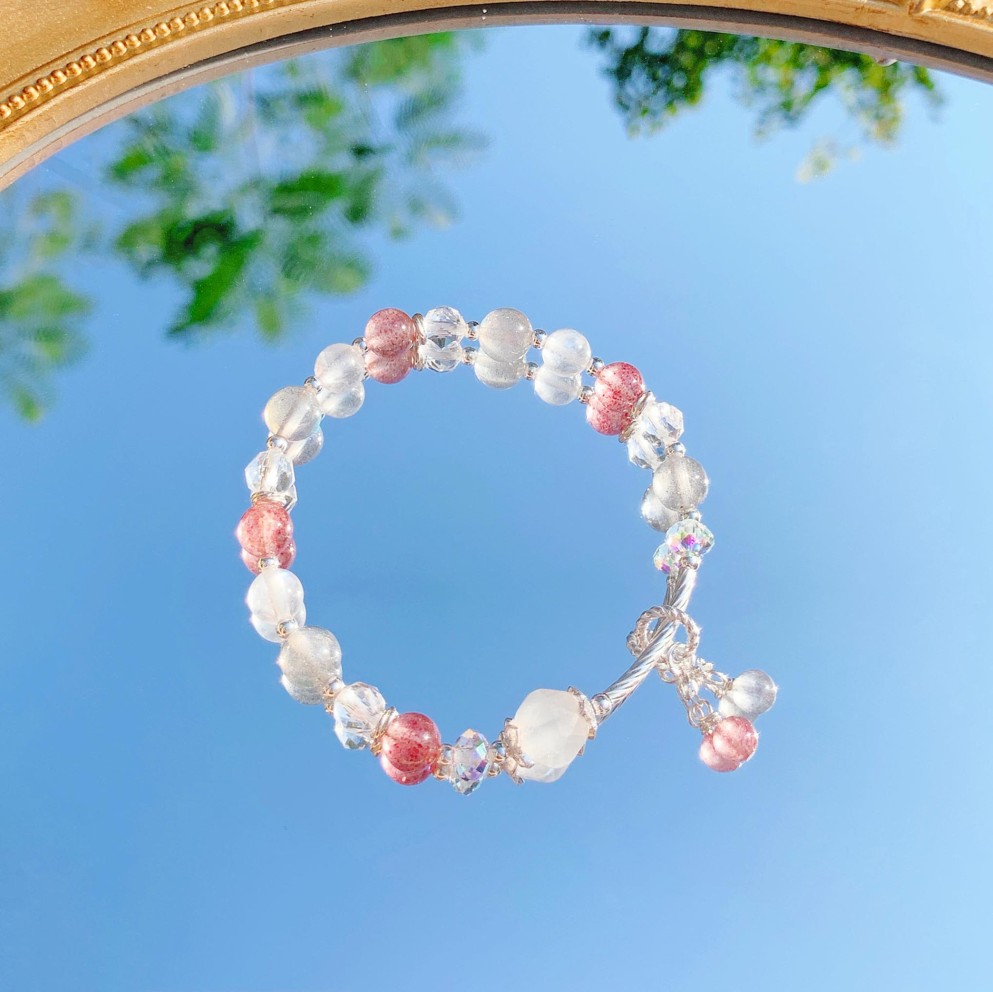 Moonstone strawberry crystal labradorite 925 sterling silver bracelet