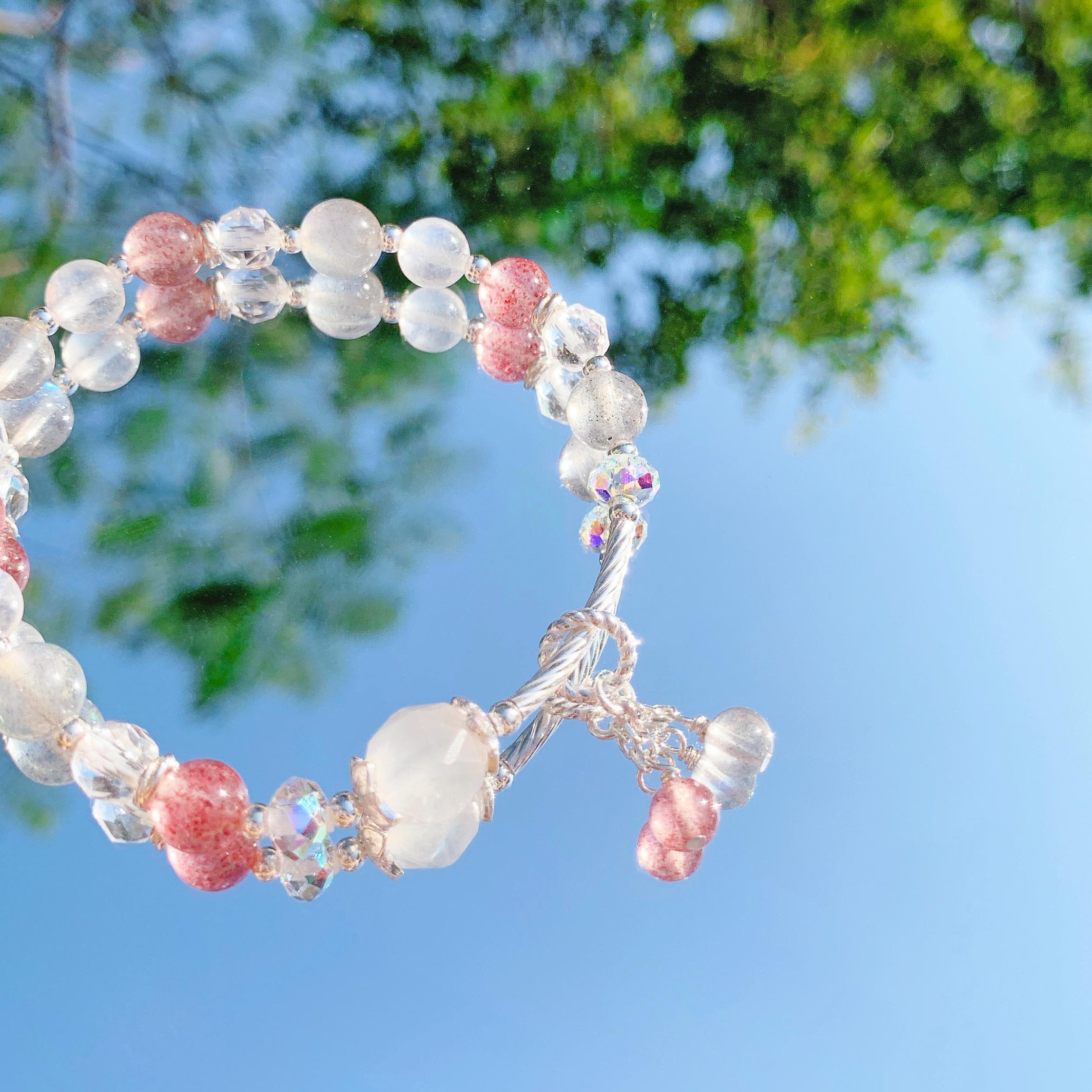 Moonstone strawberry crystal labradorite 925 sterling silver bracelet