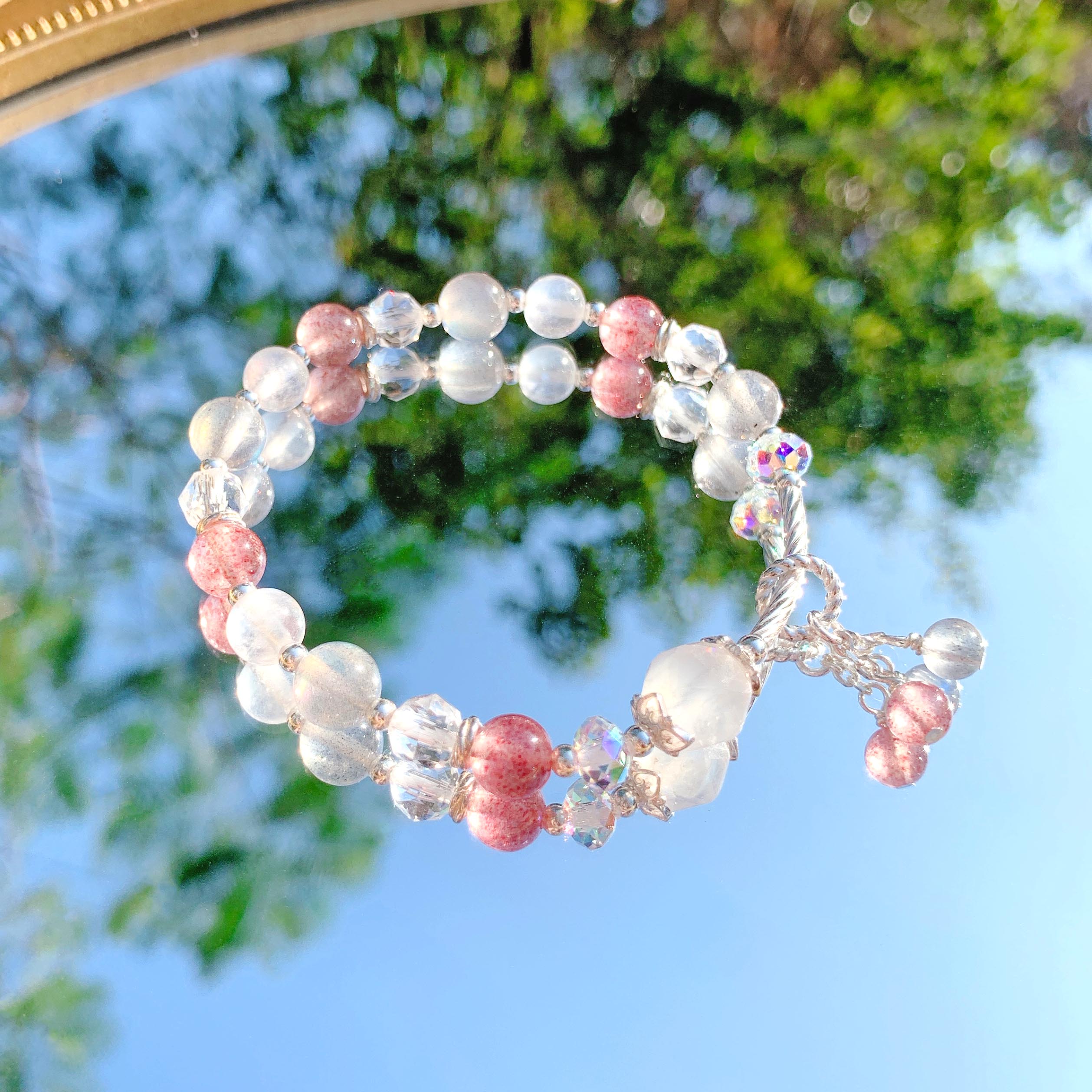 Moonstone strawberry crystal labradorite 925 sterling silver bracelet