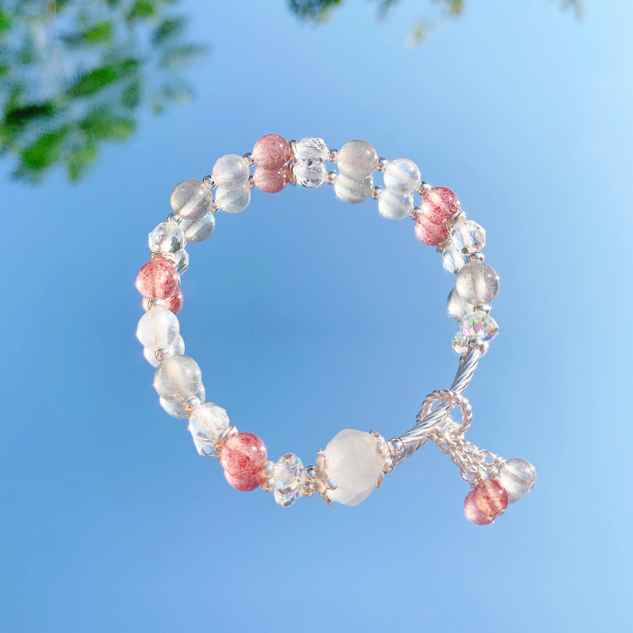 Moonstone strawberry crystal labradorite 925 sterling silver bracelet