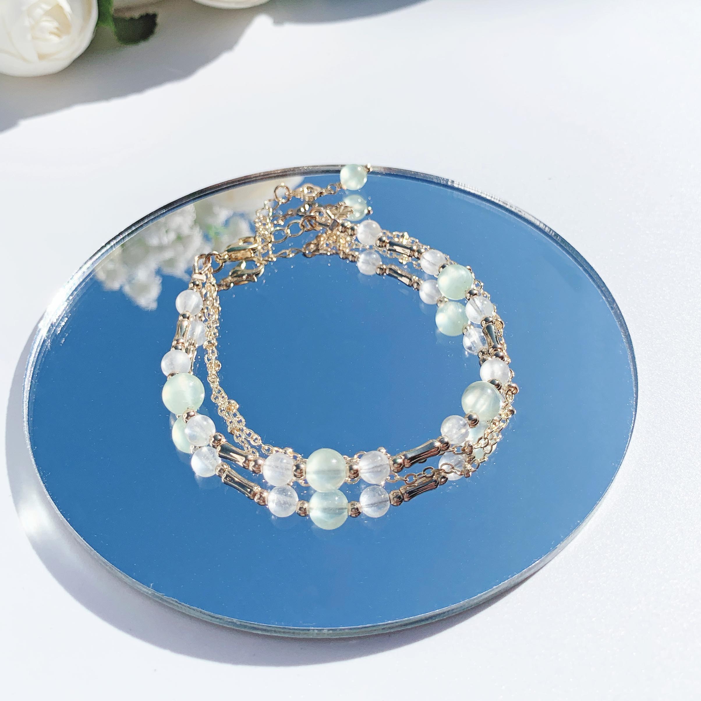 Prehnite moonstone 14K gold-filled double layer bracelet