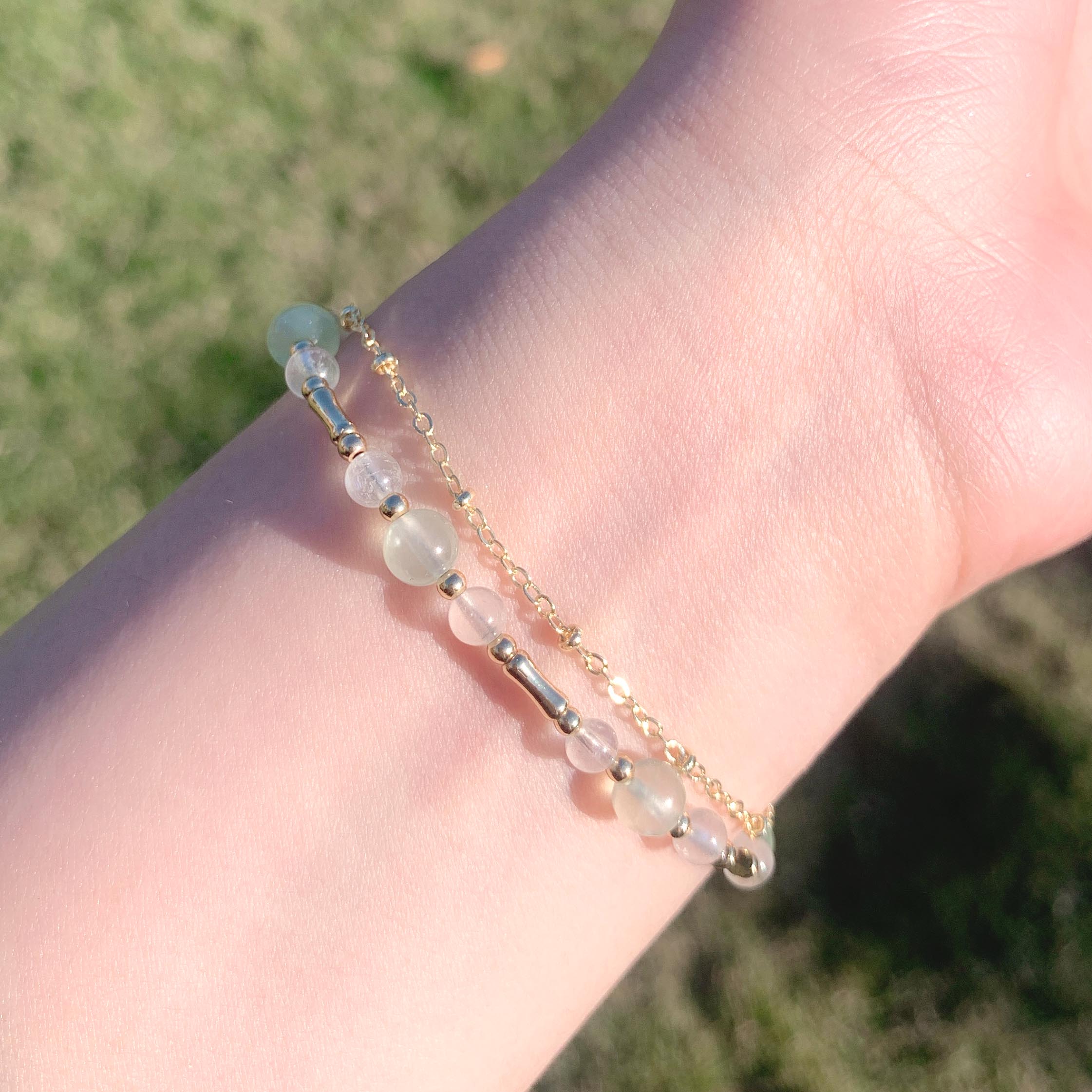 Prehnite moonstone 14K gold-filled double layer bracelet