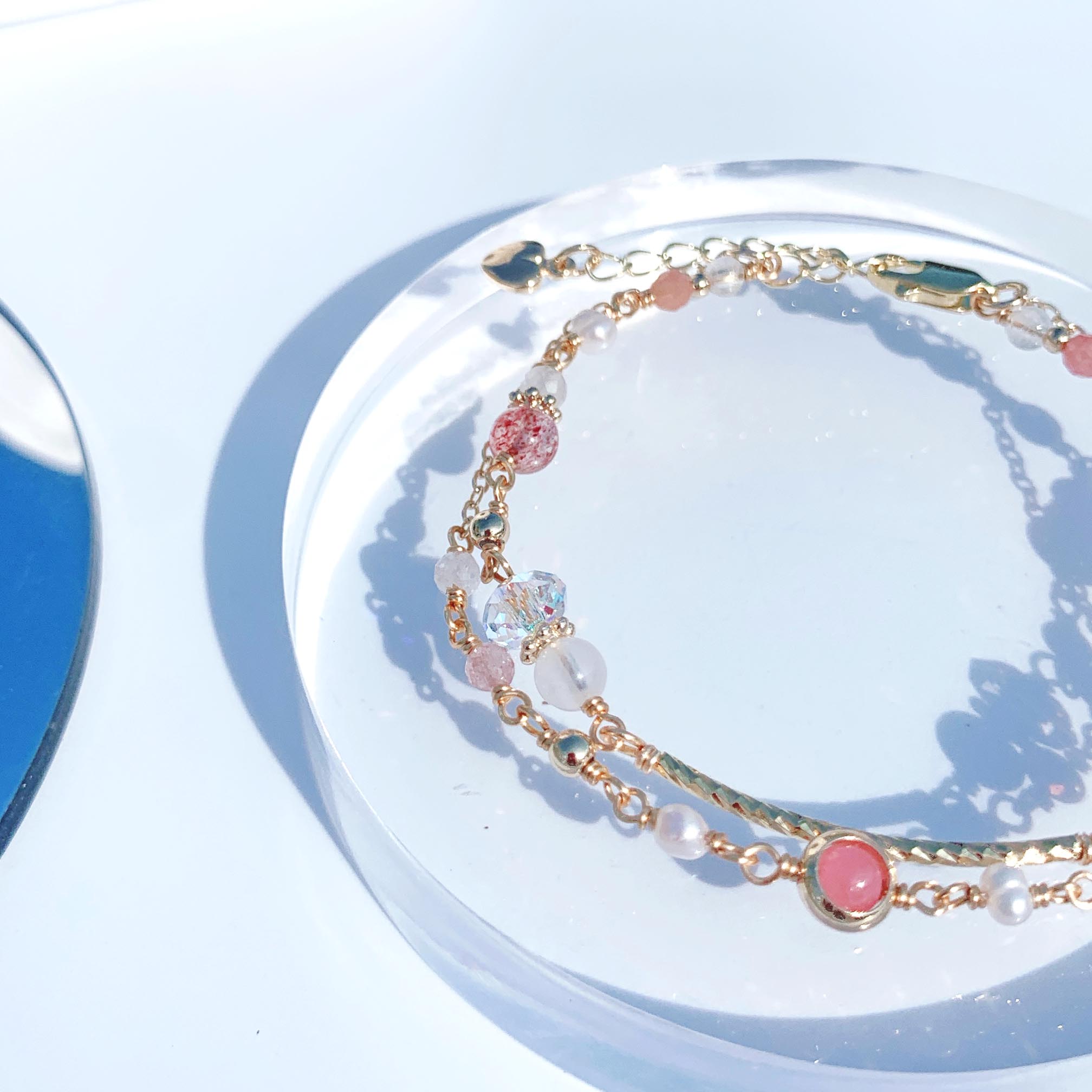 Rhodochrosite strawberry crystal moonstone freshwater pearl 14K gold-filled double layer bracelet