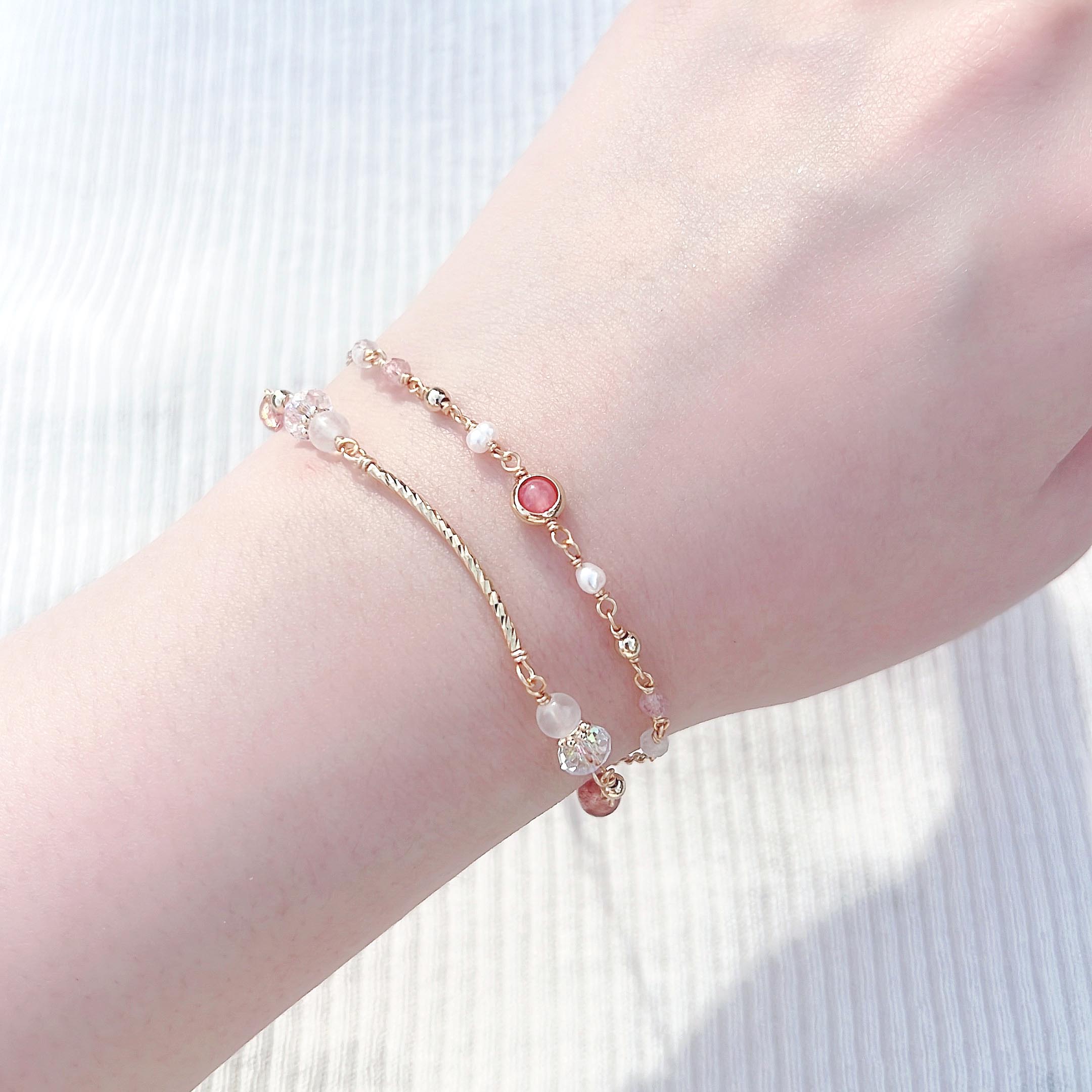 Rhodochrosite strawberry crystal moonstone freshwater pearl 14K gold-filled double layer bracelet