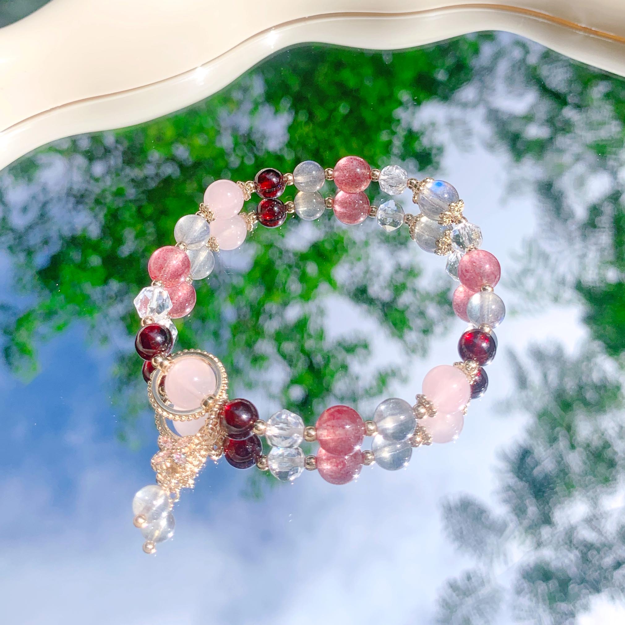 Rose Quartz Red Garnet Strawberry Quartz Labradorite White Crystal 14K Gold Filled Bracelet