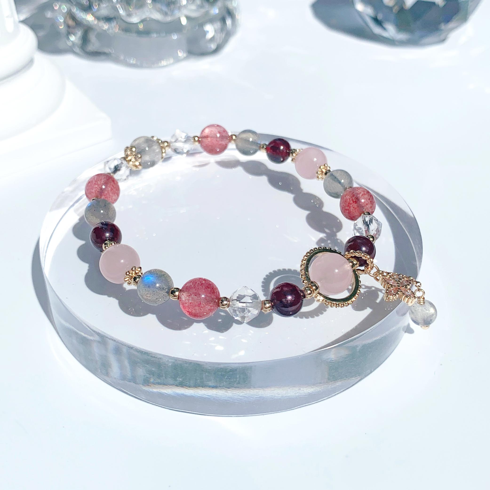 Rose Quartz Red Garnet Strawberry Quartz Labradorite White Crystal 14K Gold Filled Bracelet