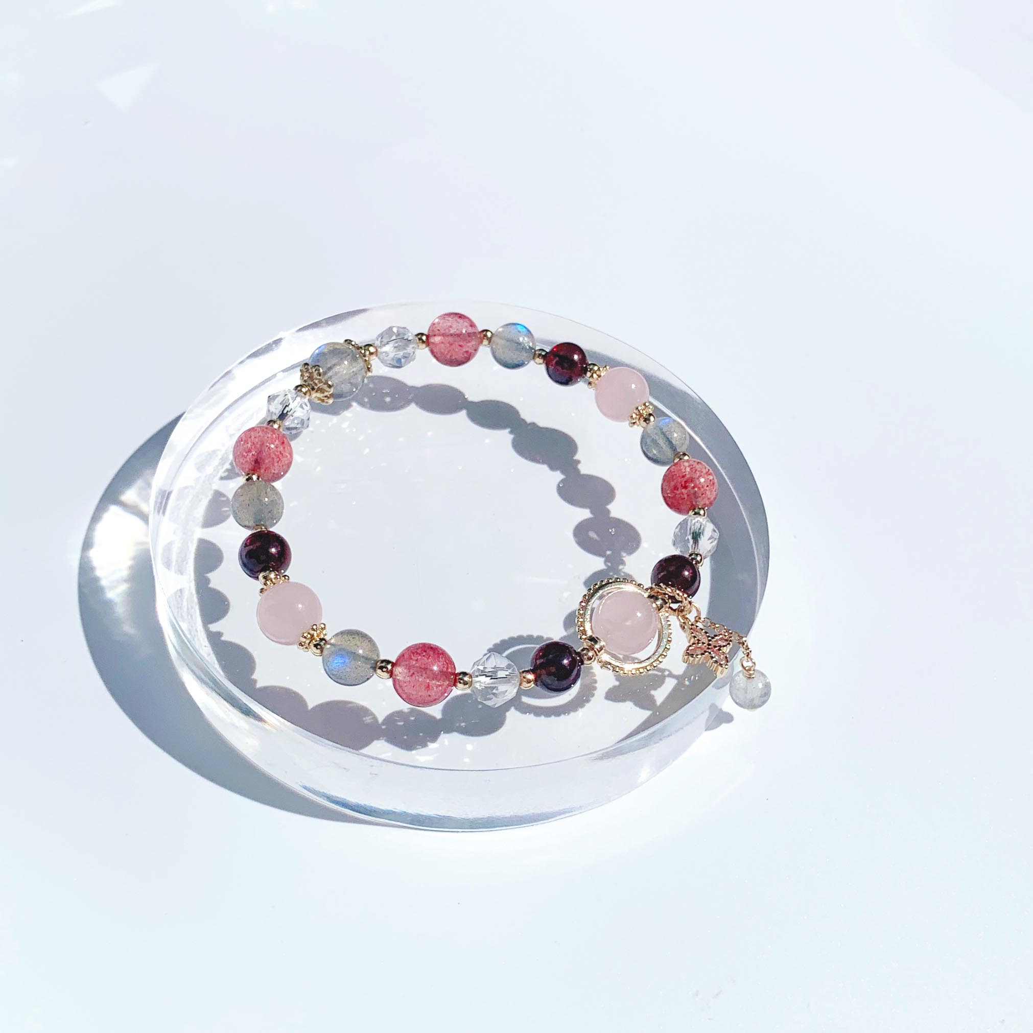 Rose Quartz Red Garnet Strawberry Quartz Labradorite White Crystal 14K Gold Filled Bracelet