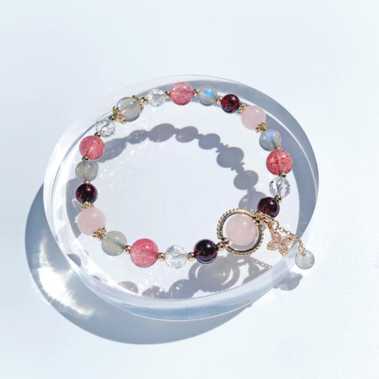 Rose Quartz Red Garnet Strawberry Quartz Labradorite White Crystal 14K Gold Filled Bracelet