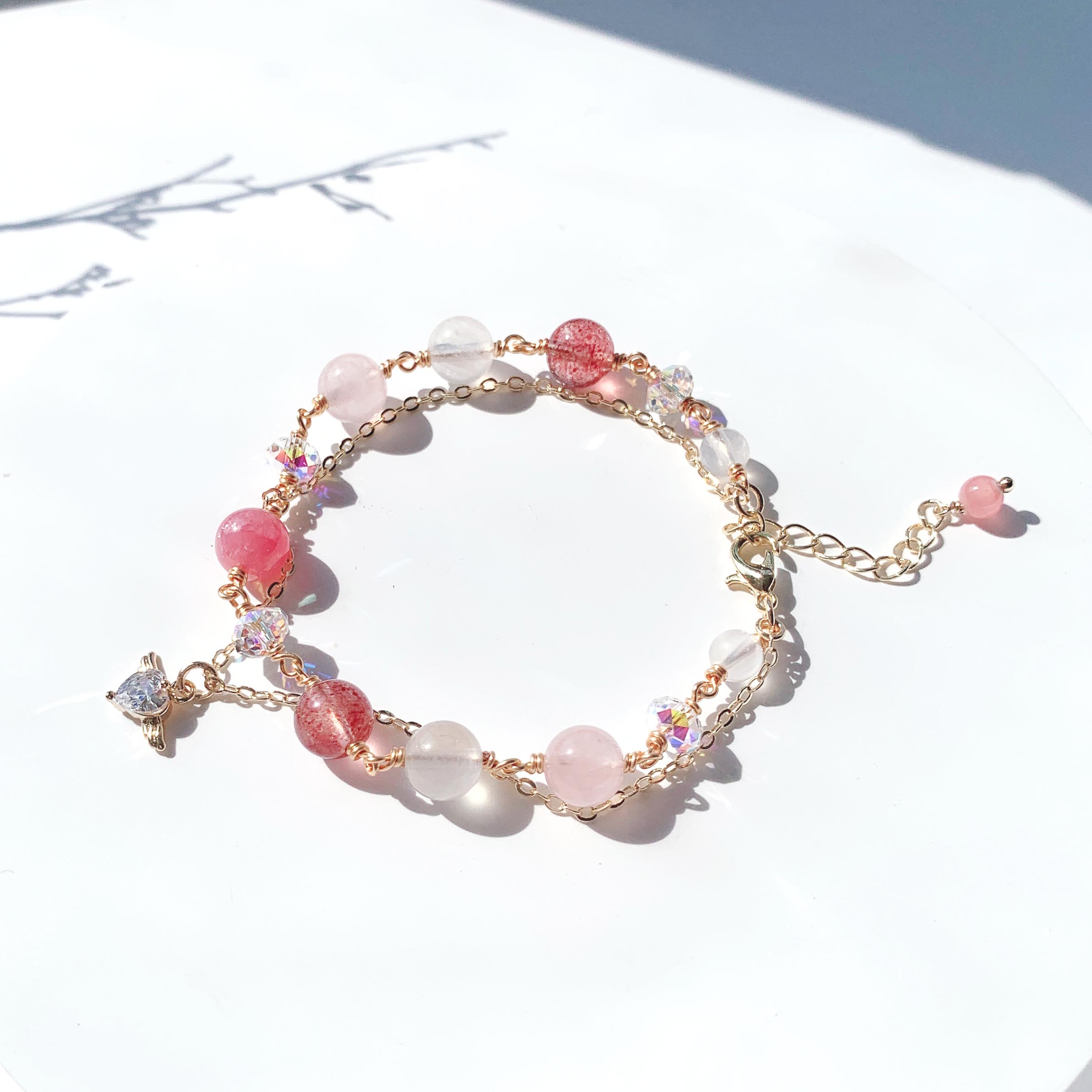 Rhodochrosite rose quartz strawberry crystal moonstone 14K gold-filled bracelet