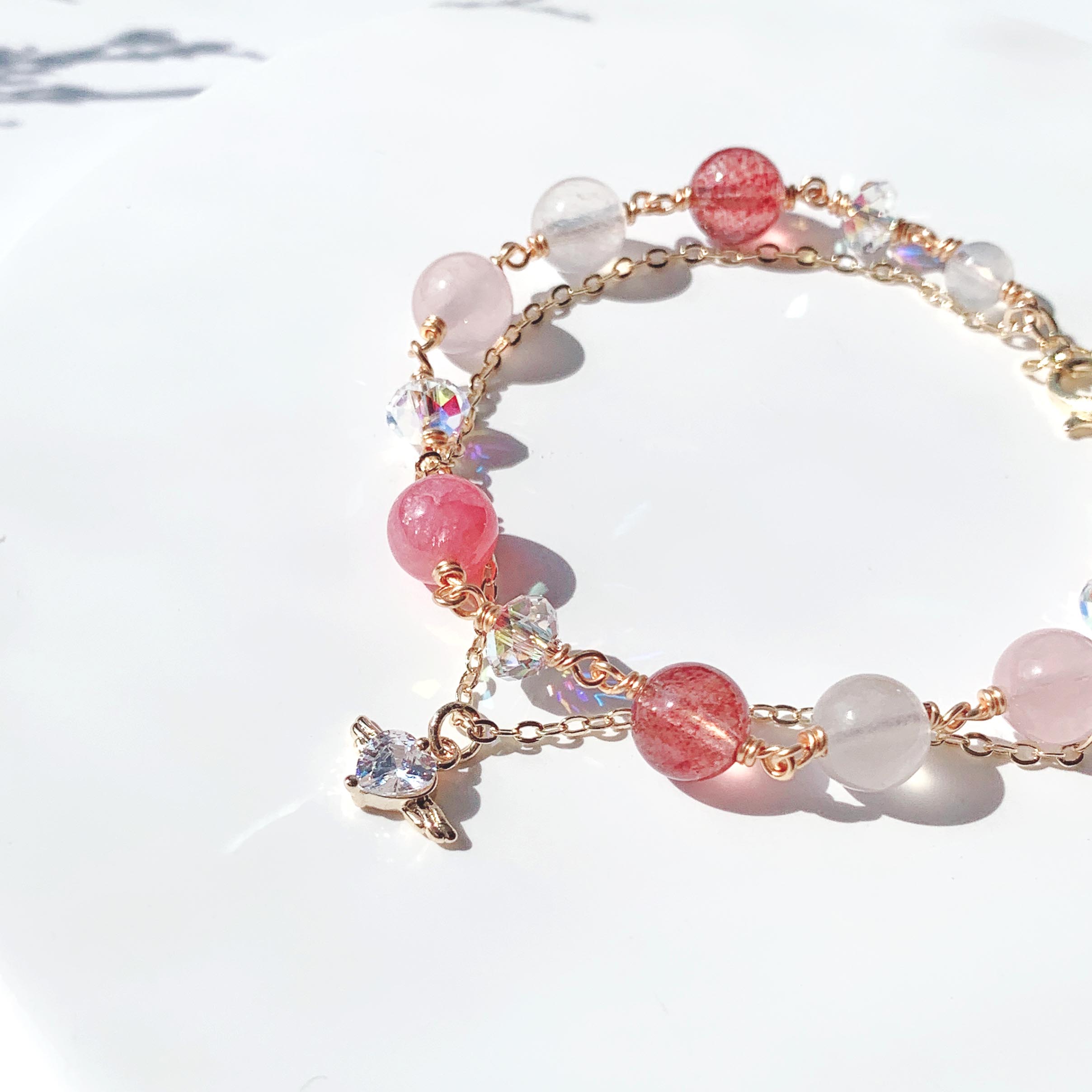 Rhodochrosite rose quartz strawberry crystal moonstone 14K gold-filled bracelet