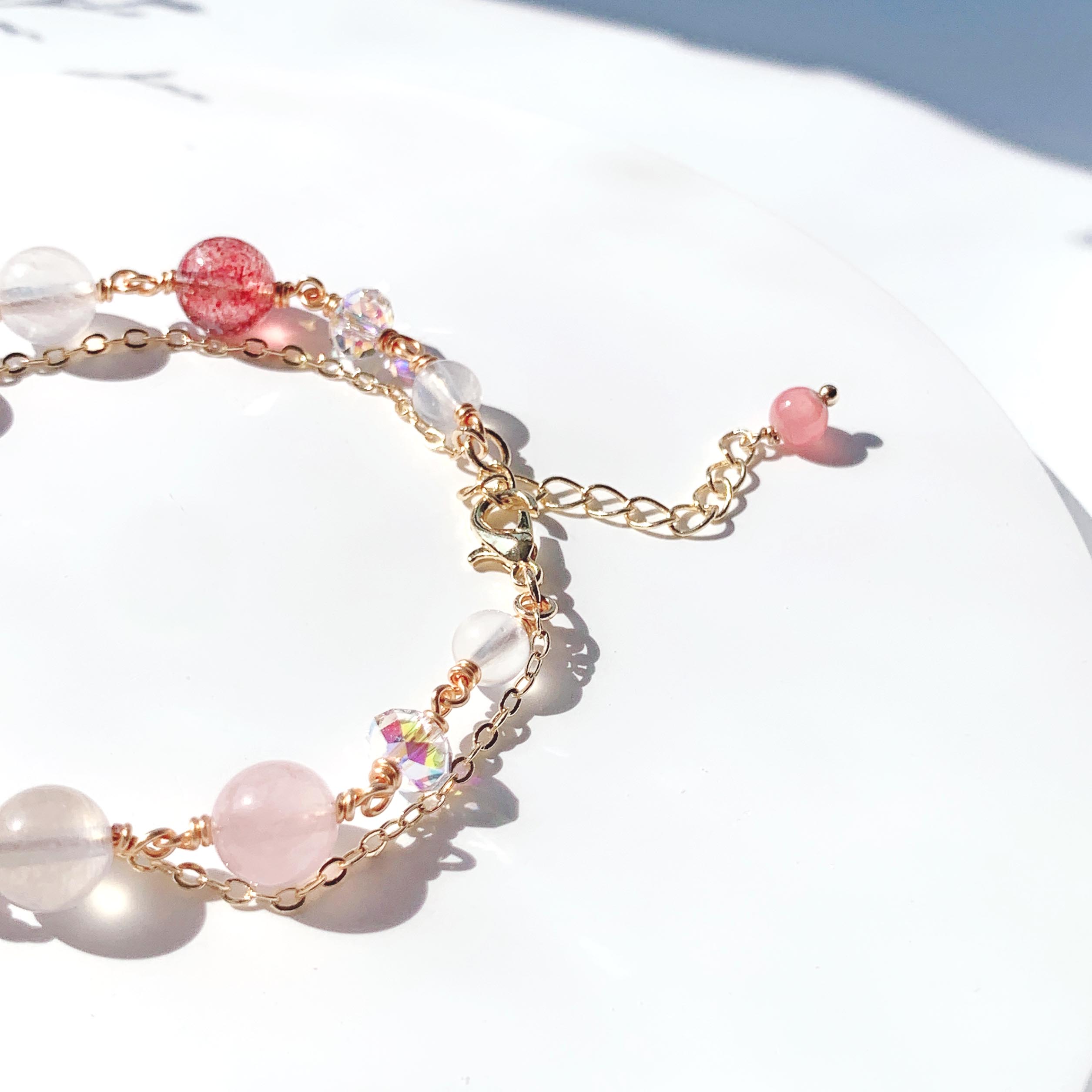 Rhodochrosite rose quartz strawberry crystal moonstone 14K gold-filled bracelet