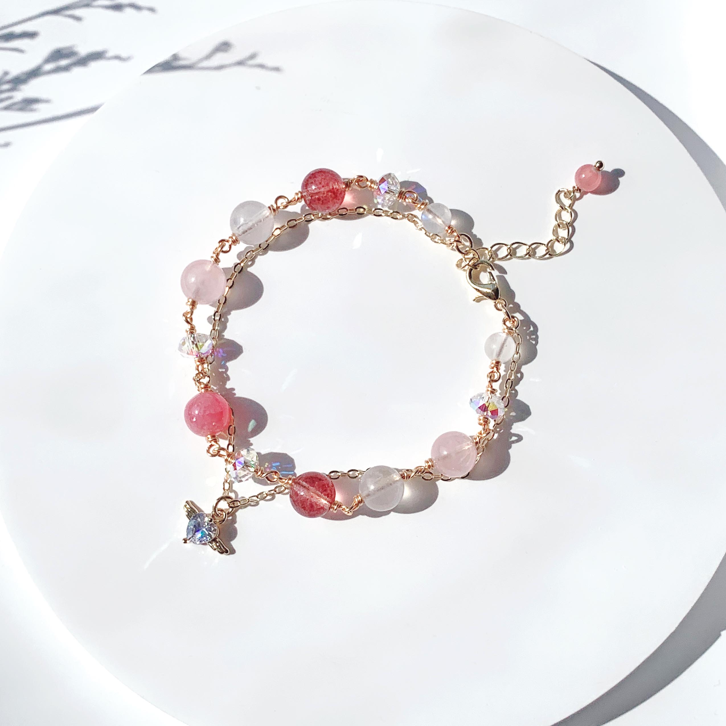 Rhodochrosite rose quartz strawberry crystal moonstone 14K gold-filled bracelet