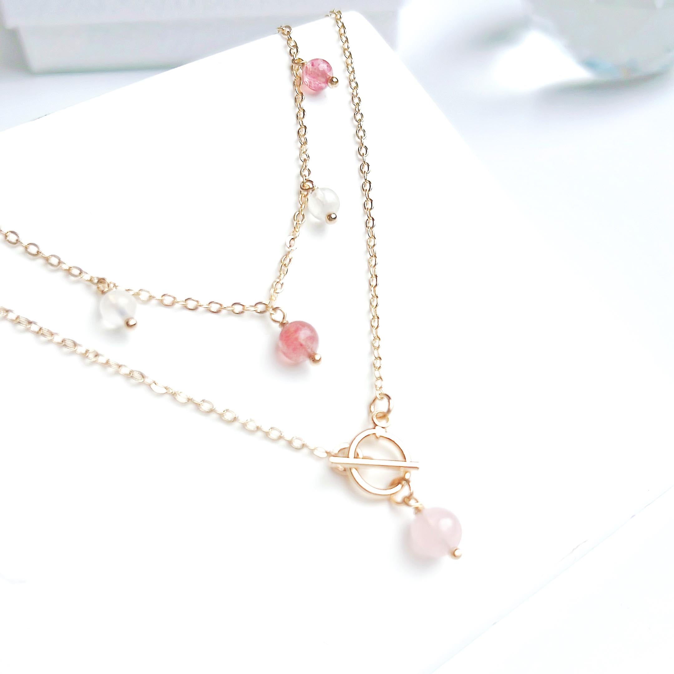 Strawberry Quartz Moonstone Rose Quartz 14K Gold Filled Necklace