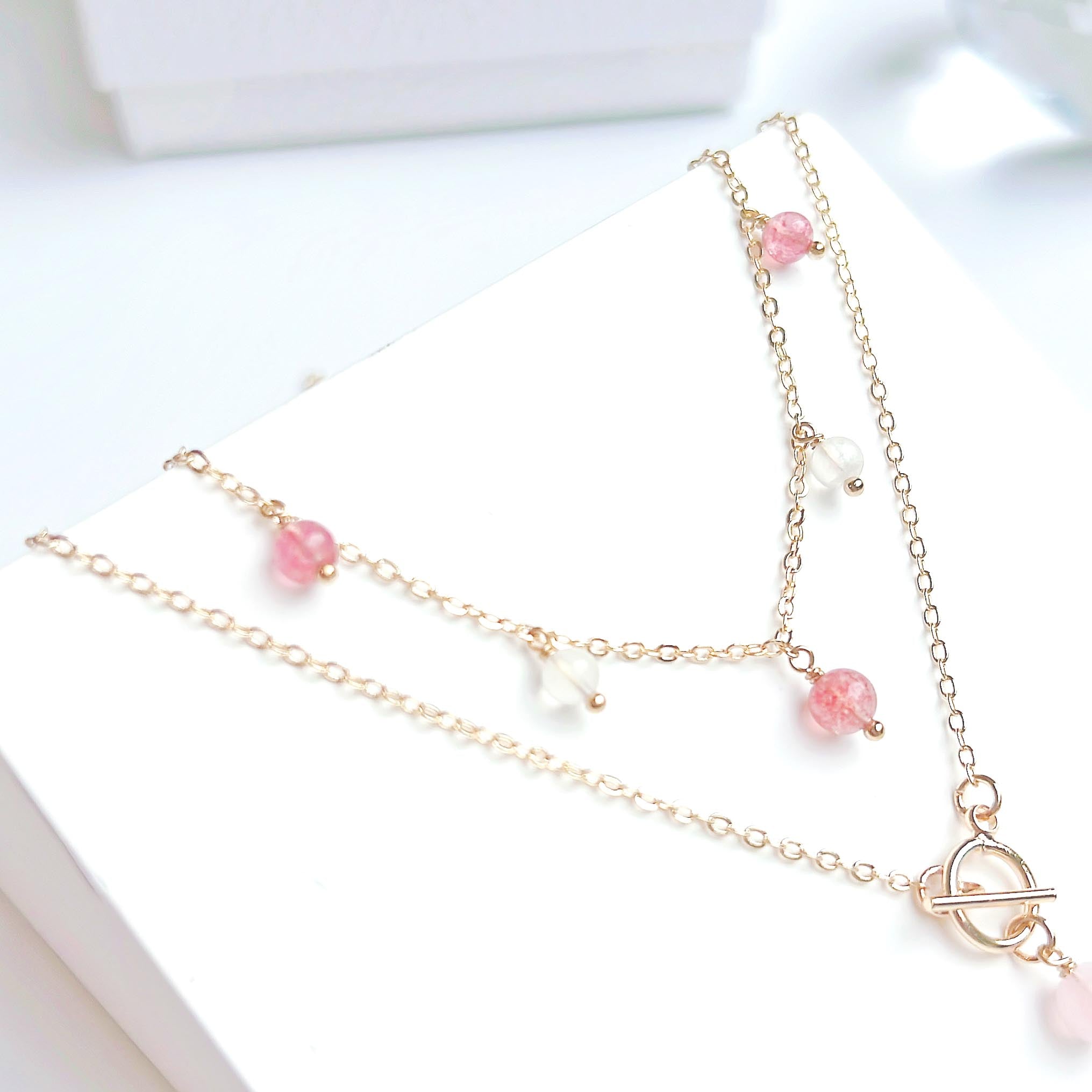 Strawberry Quartz Moonstone Rose Quartz 14K Gold Filled Necklace