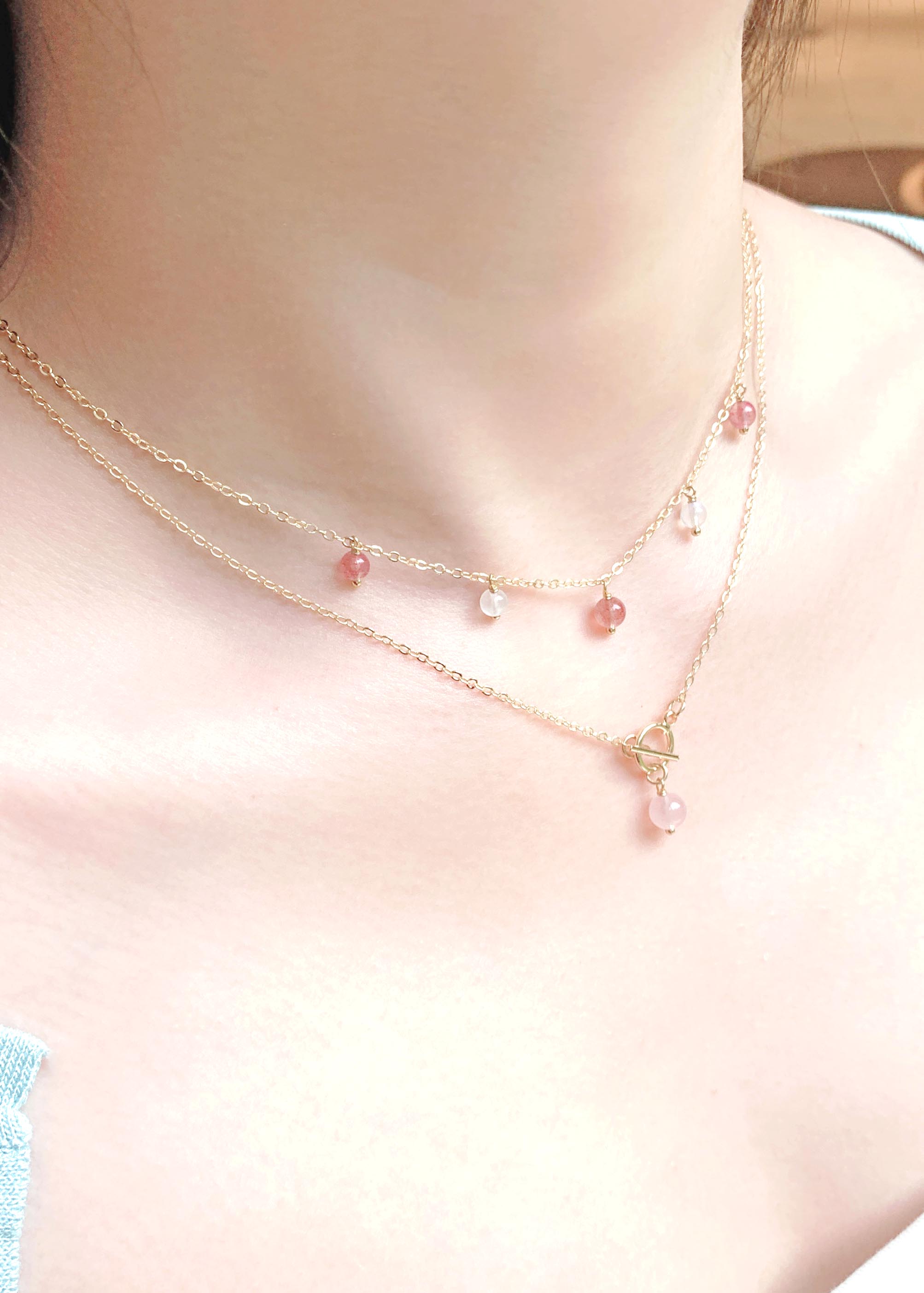 Strawberry Quartz Moonstone Rose Quartz 14K Gold Filled Necklace