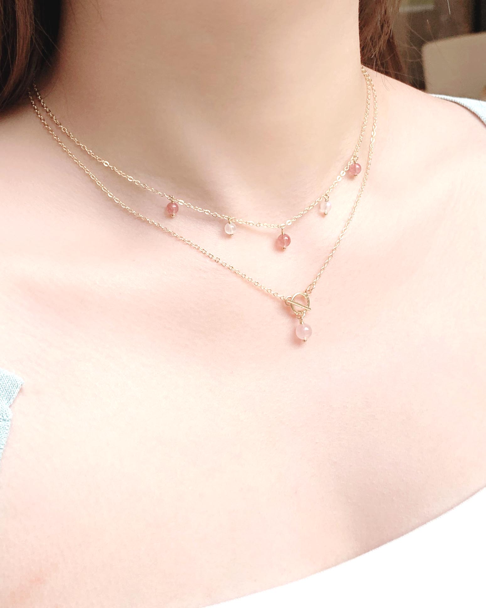 Strawberry Quartz Moonstone Rose Quartz 14K Gold Filled Necklace