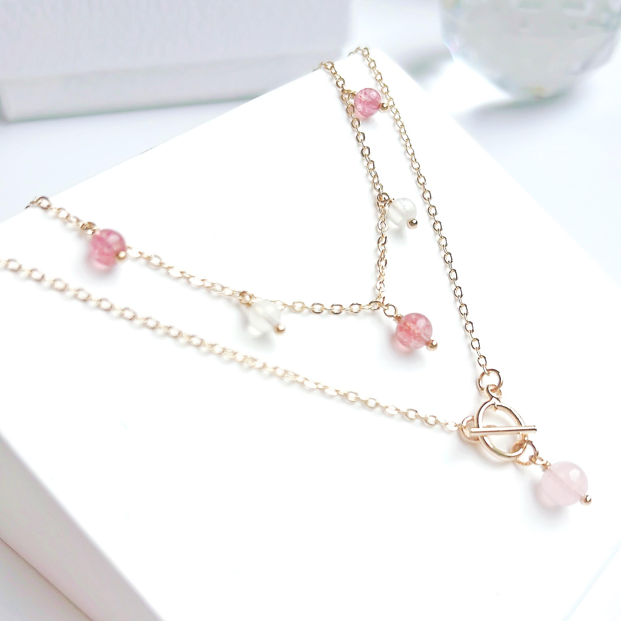 Strawberry Quartz Moonstone Rose Quartz 14K Gold Filled Necklace