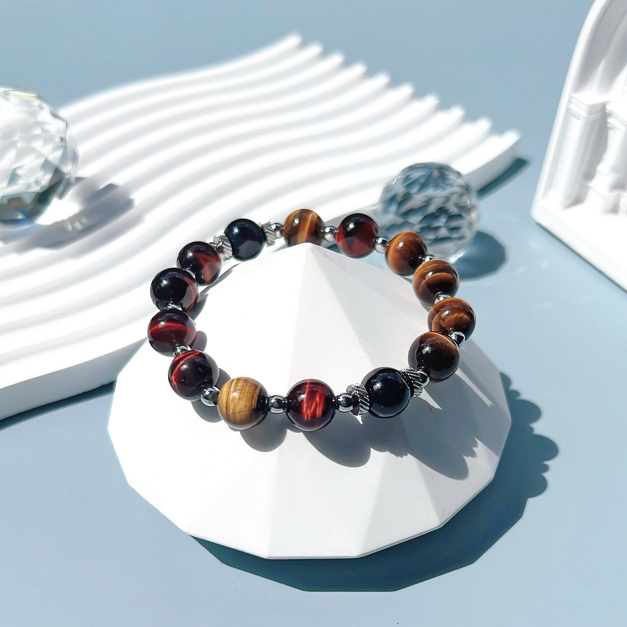 Red, yellow and blue tiger eye stone titanium steel bracelet