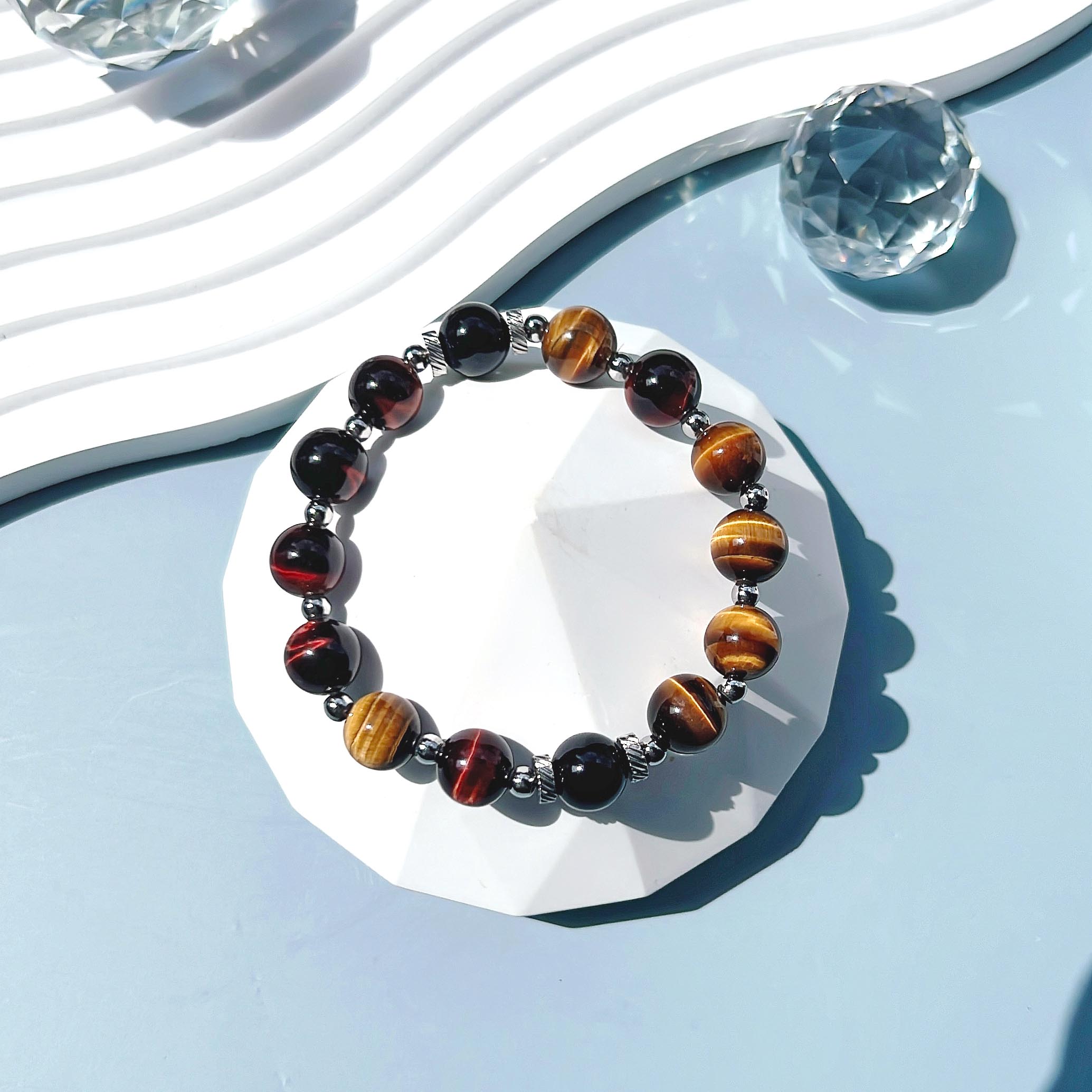 Red, yellow and blue tiger eye stone titanium steel bracelet