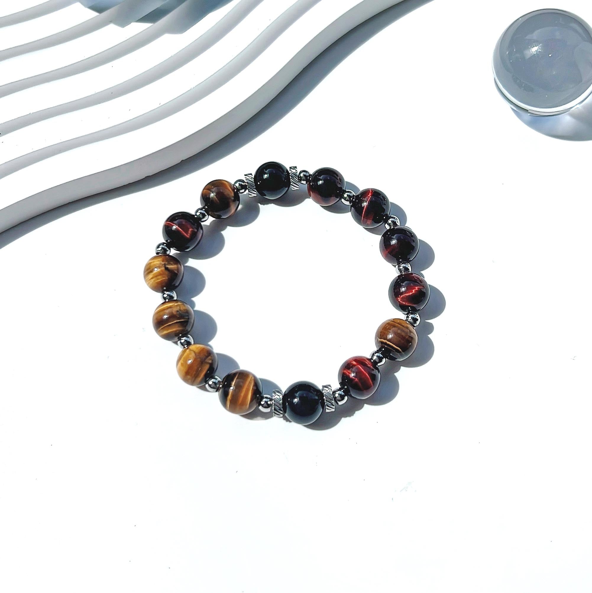 Red, yellow and blue tiger eye stone titanium steel bracelet