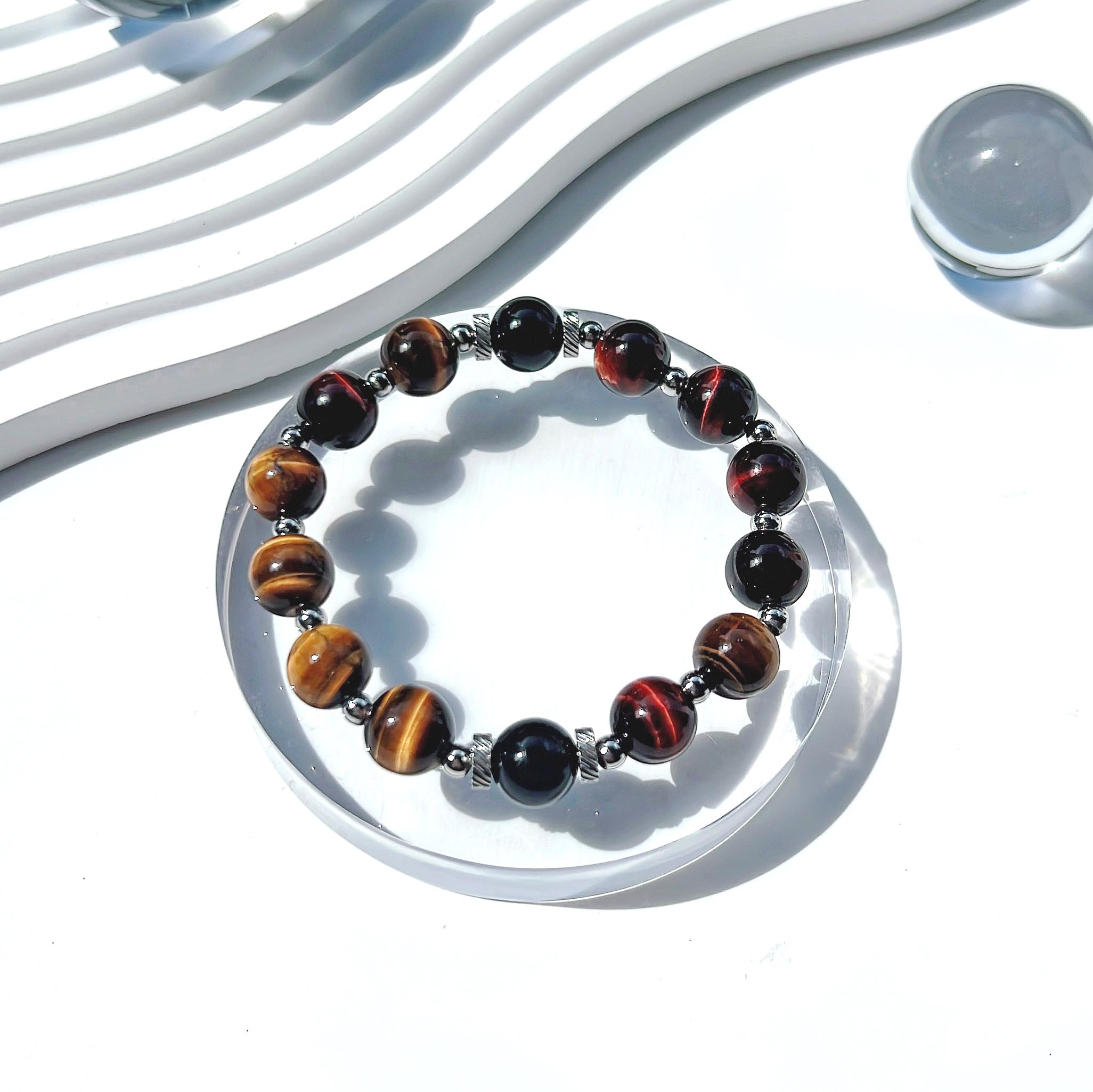 Red, yellow and blue tiger eye stone titanium steel bracelet