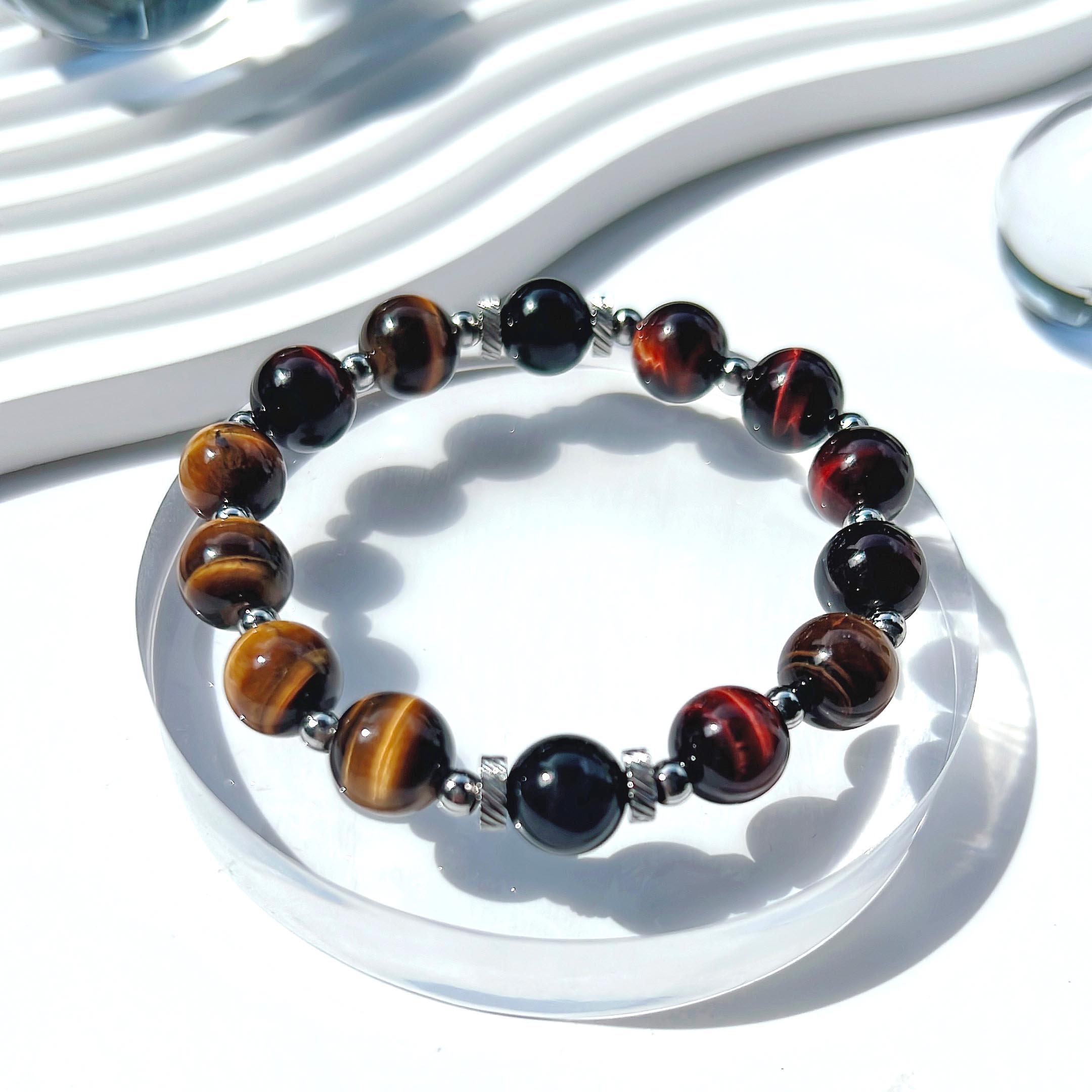 Red, yellow and blue tiger eye stone titanium steel bracelet