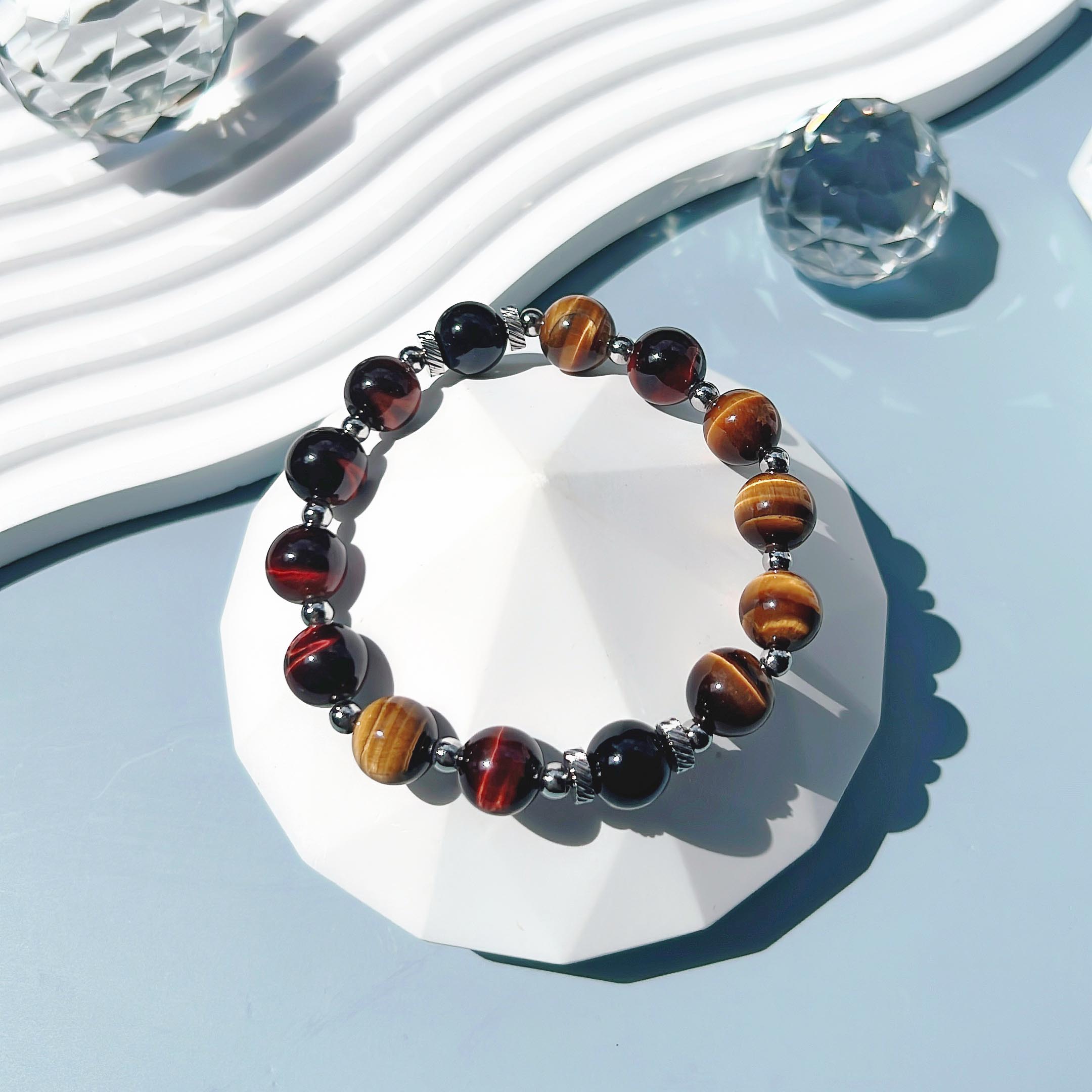 Red, yellow and blue tiger eye stone titanium steel bracelet