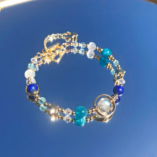 Labradorite lapis lazuli blue phosphorescent moonstone "Walking on the Planet" 14K gold-filled bracelet