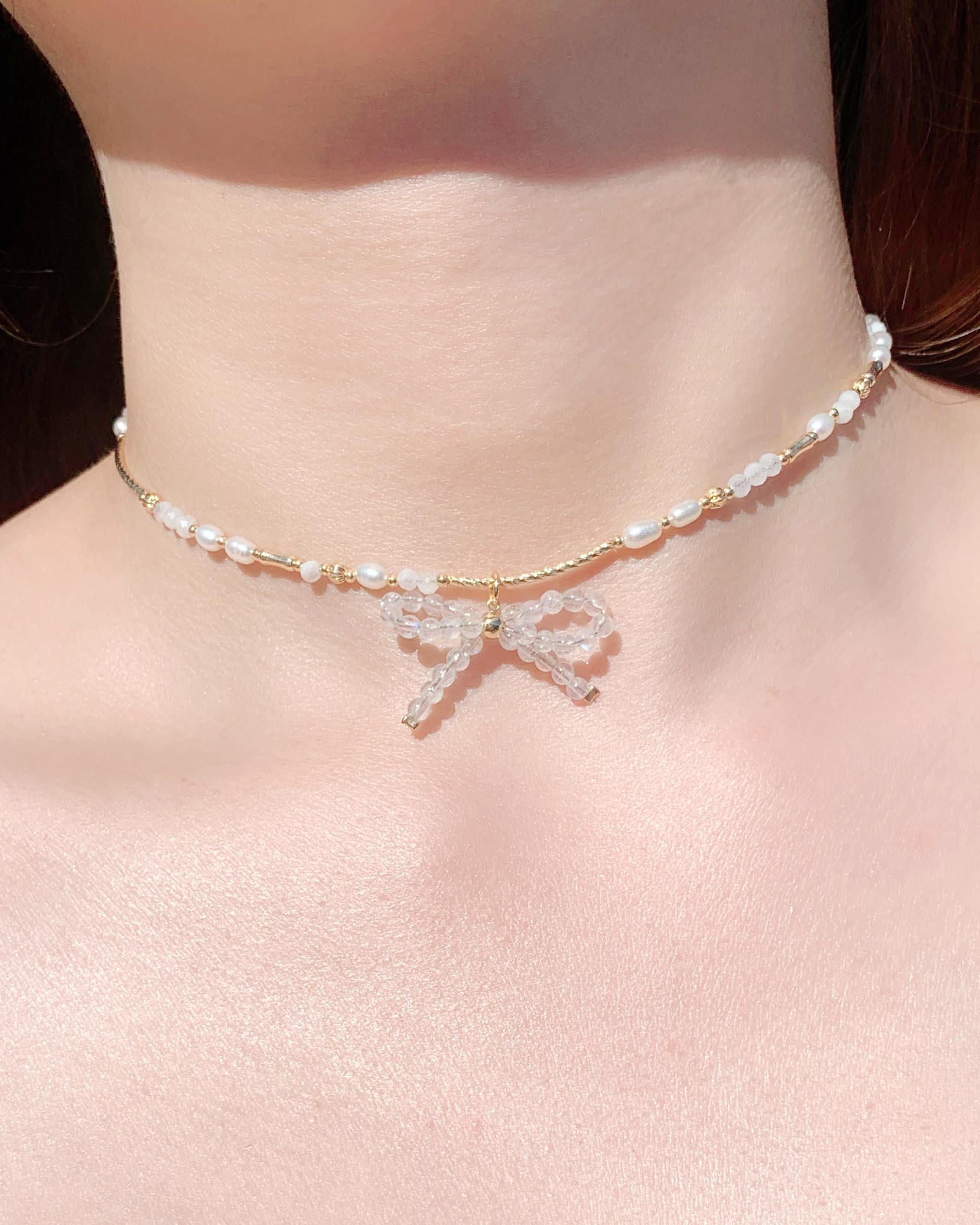 Moonstone natural freshwater pearl crystal bow 14K gold-filled necklace 