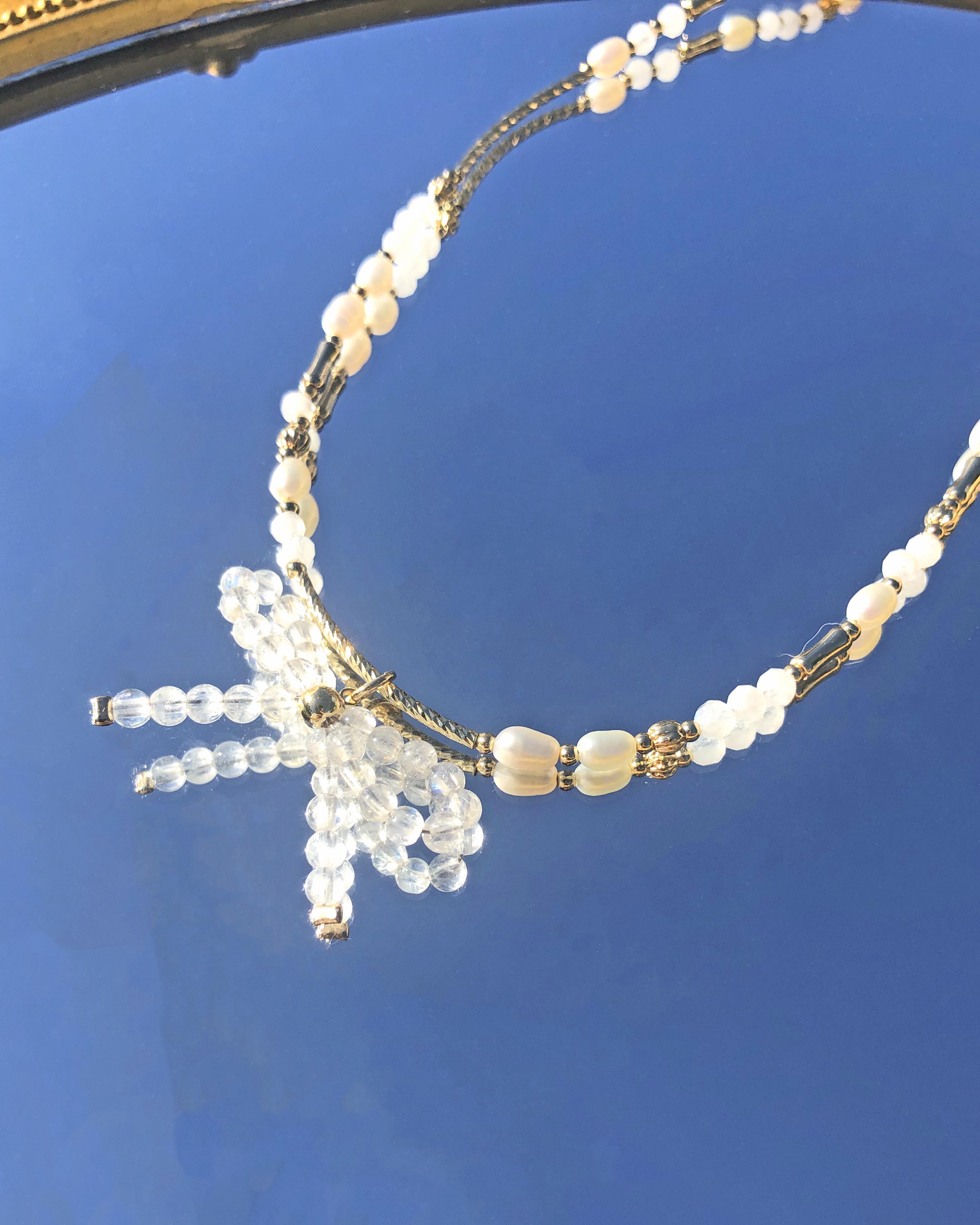 Moonstone natural freshwater pearl crystal bow 14K gold-filled necklace 