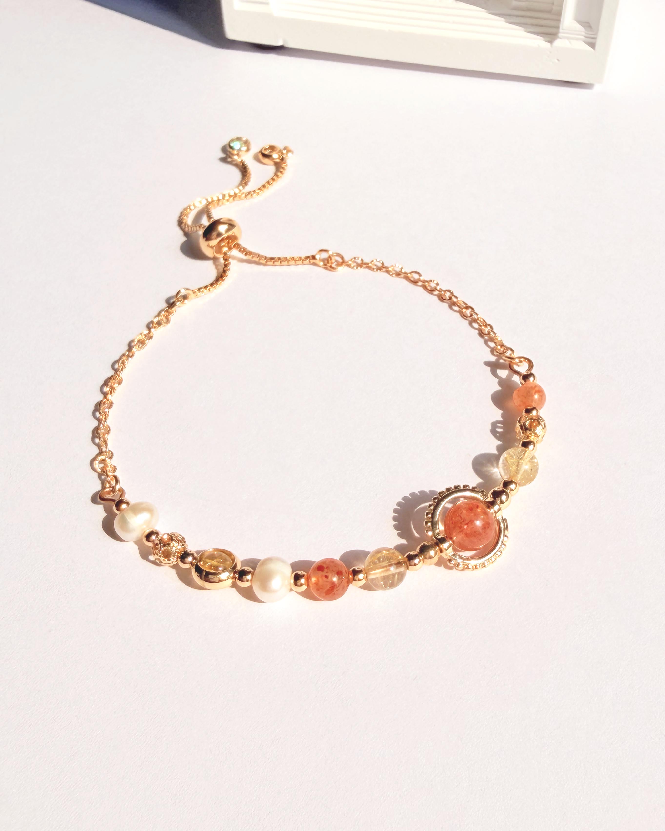 金太陽石金髮晶天然淡水珍珠14K包金手鍊