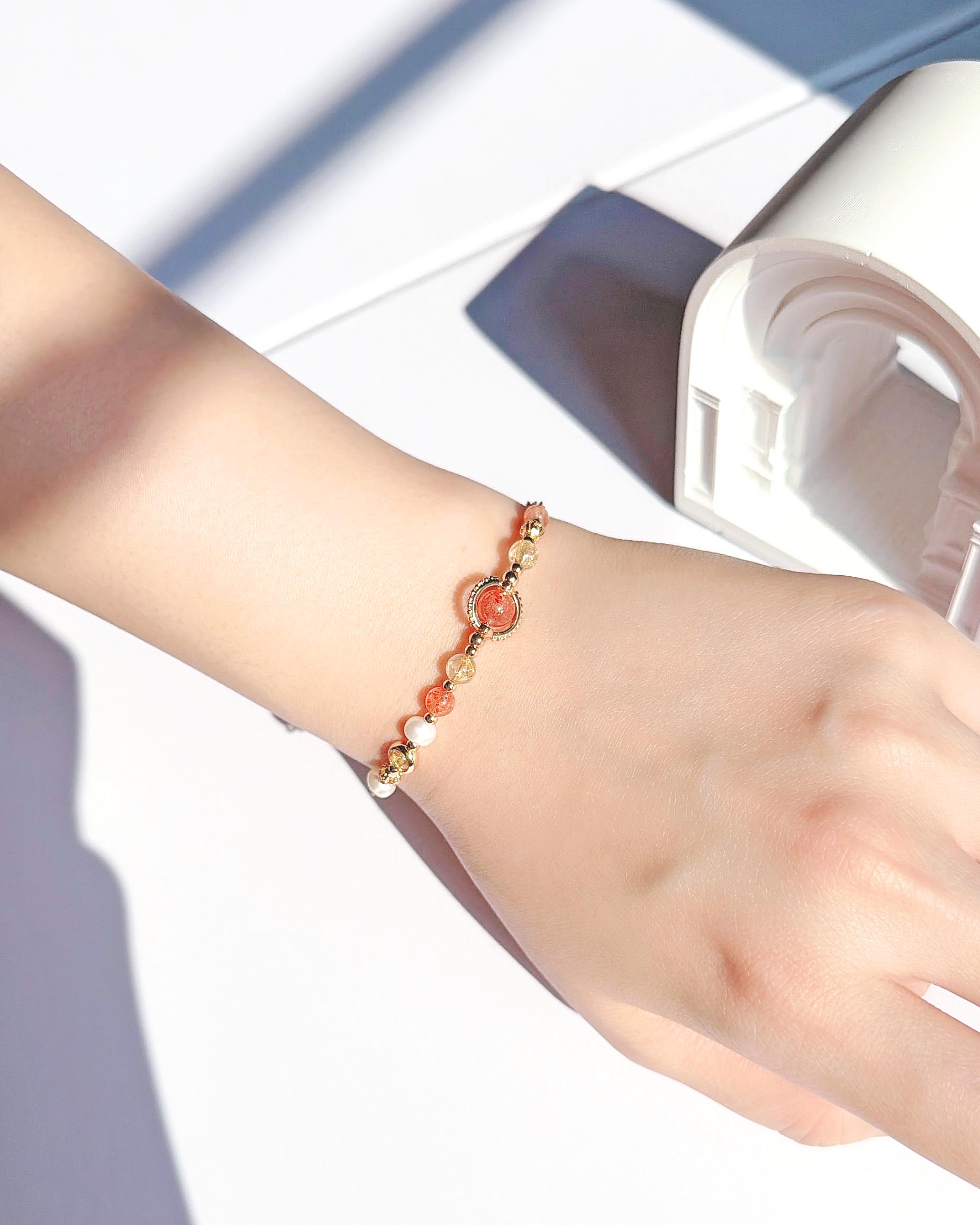 金太陽石金髮晶天然淡水珍珠14K包金手鍊