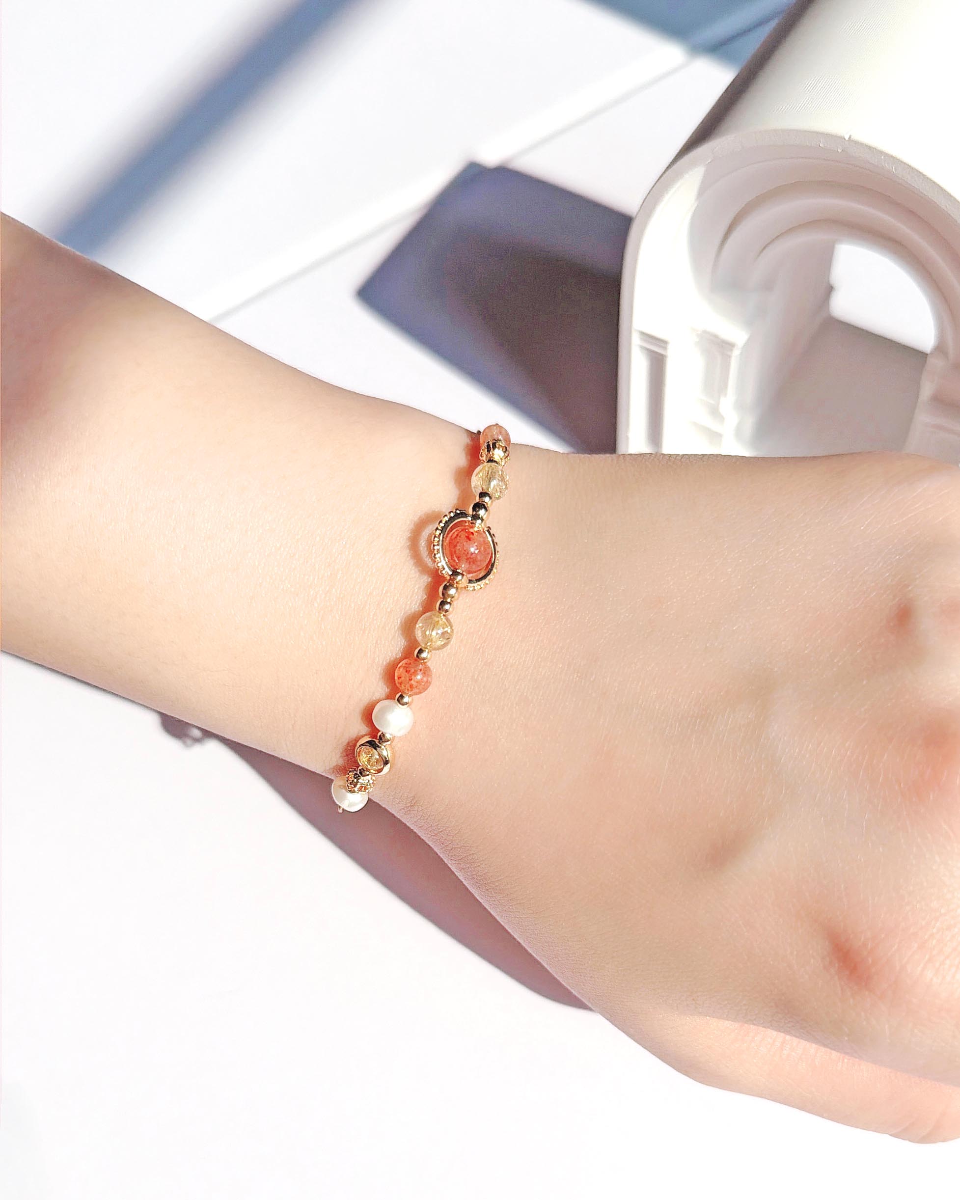 金太陽石金髮晶天然淡水珍珠14K包金手鍊