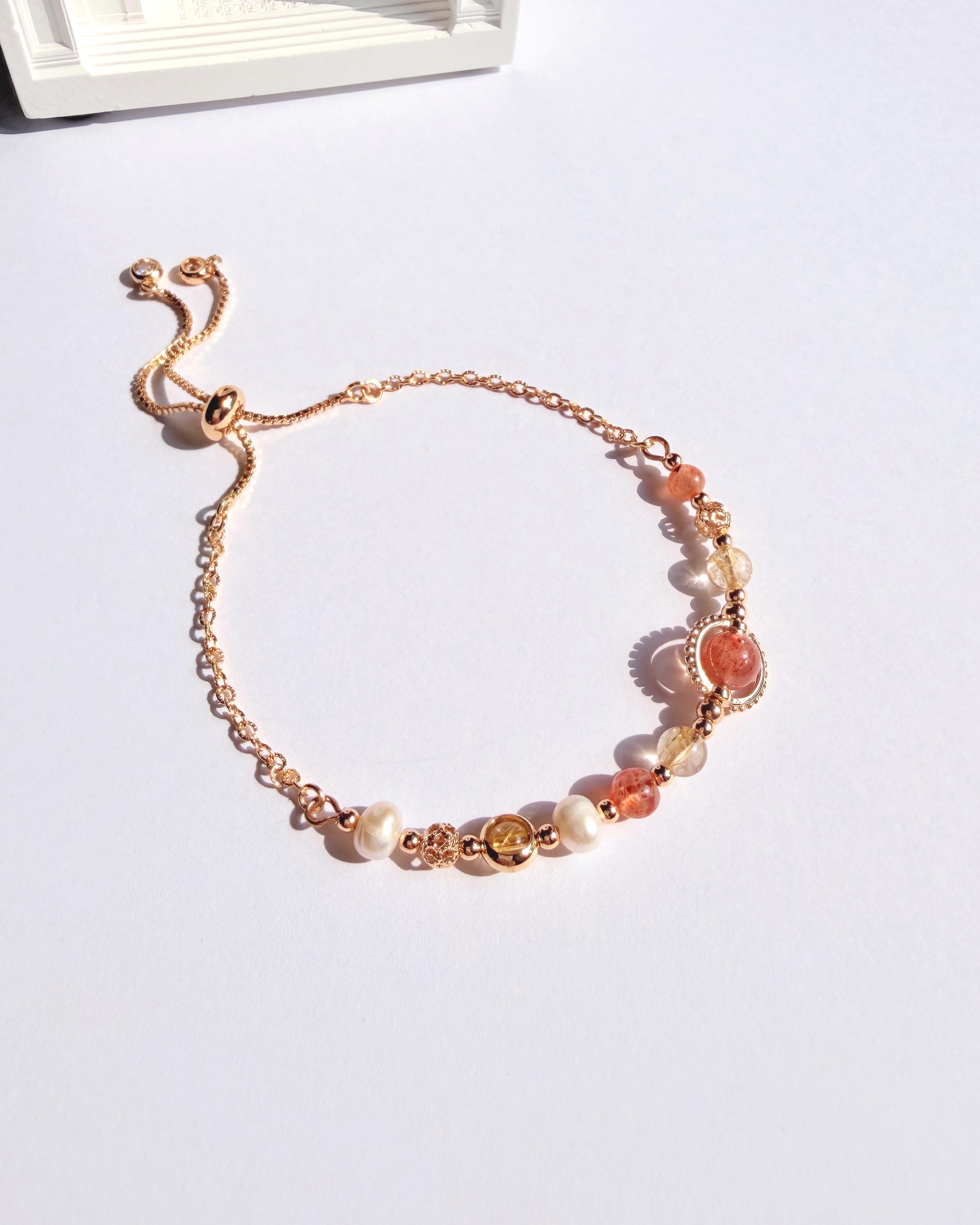 金太陽石金髮晶天然淡水珍珠14K包金手鍊