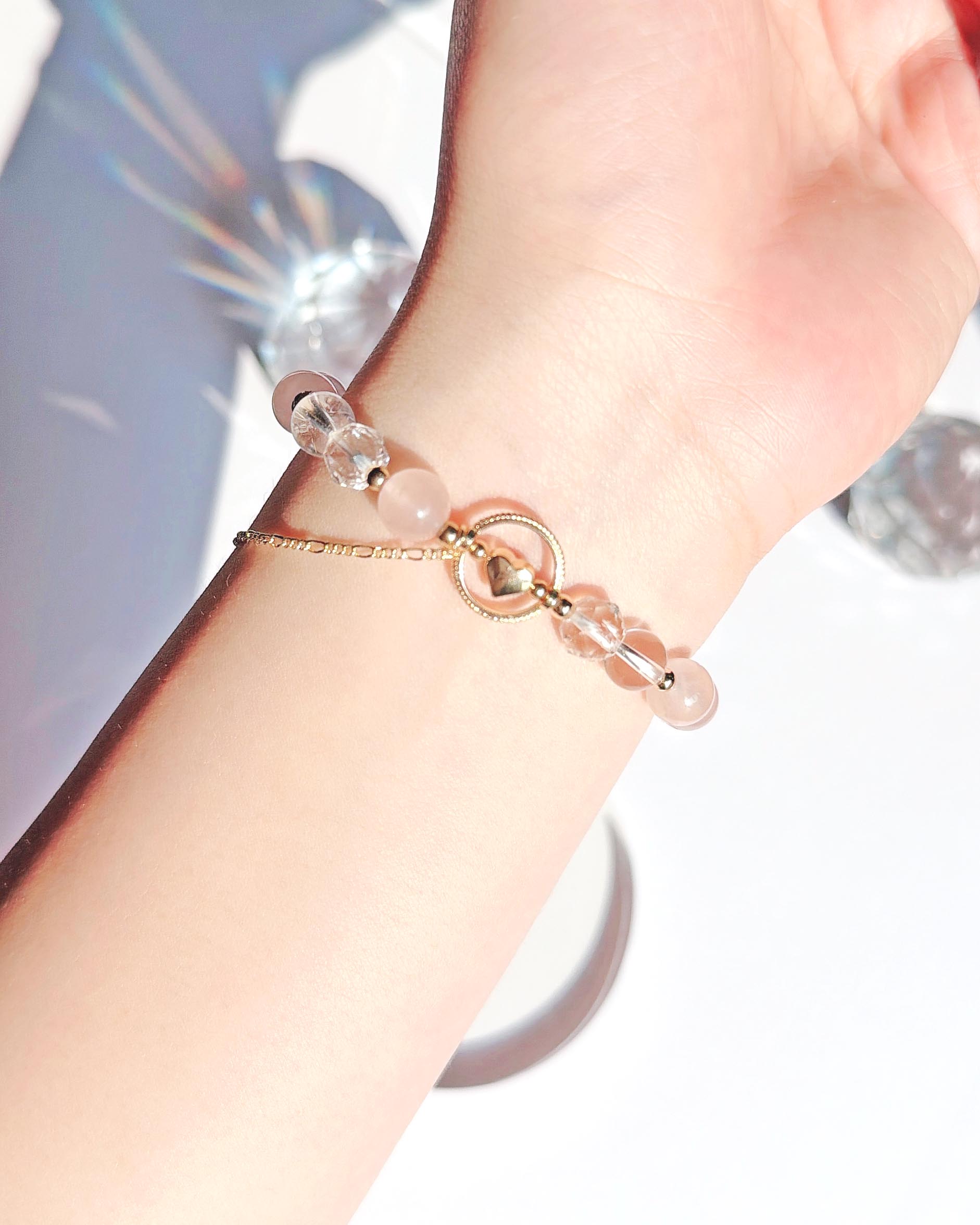 粉水晶月光石白水晶14K包金手鍊